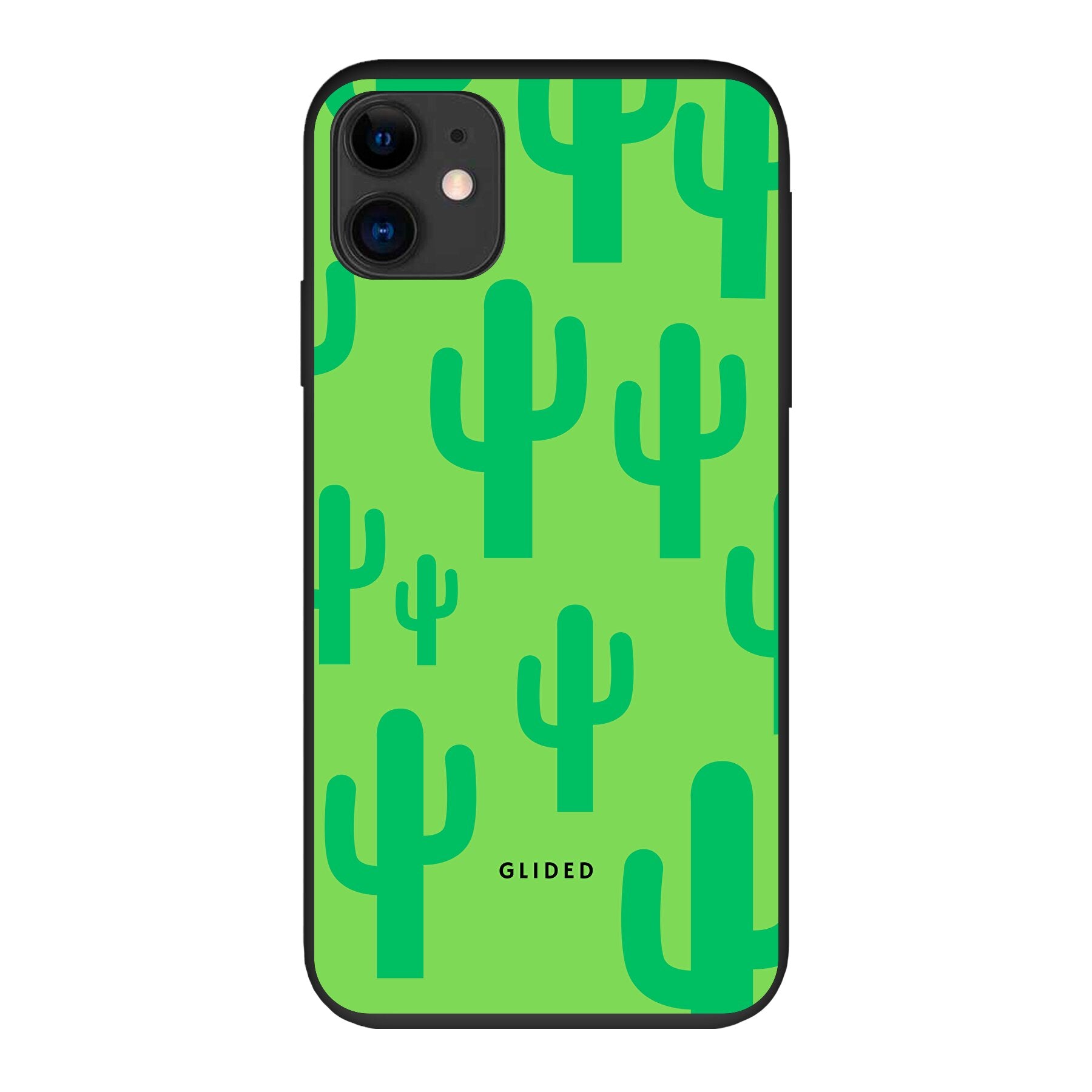 Cactus Spikes iPhone 11 Handyhülle mit lebendigem Kaktusdesign auf grünem Hintergrund, idealer Schutz und Stil.