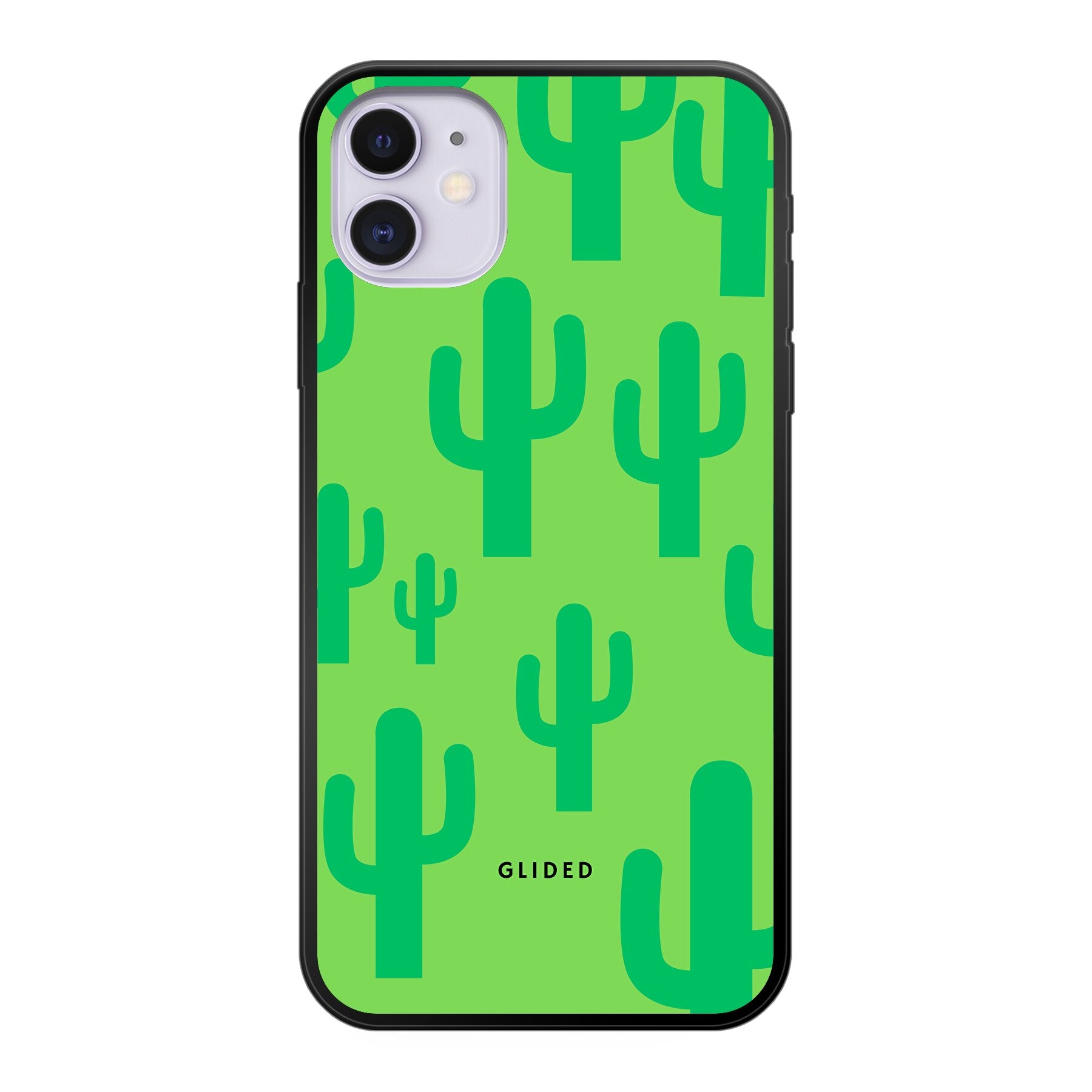 Cactus Spikes iPhone 11 Handyhülle mit lebendigem Kaktusdesign auf grünem Hintergrund, idealer Schutz und Stil.