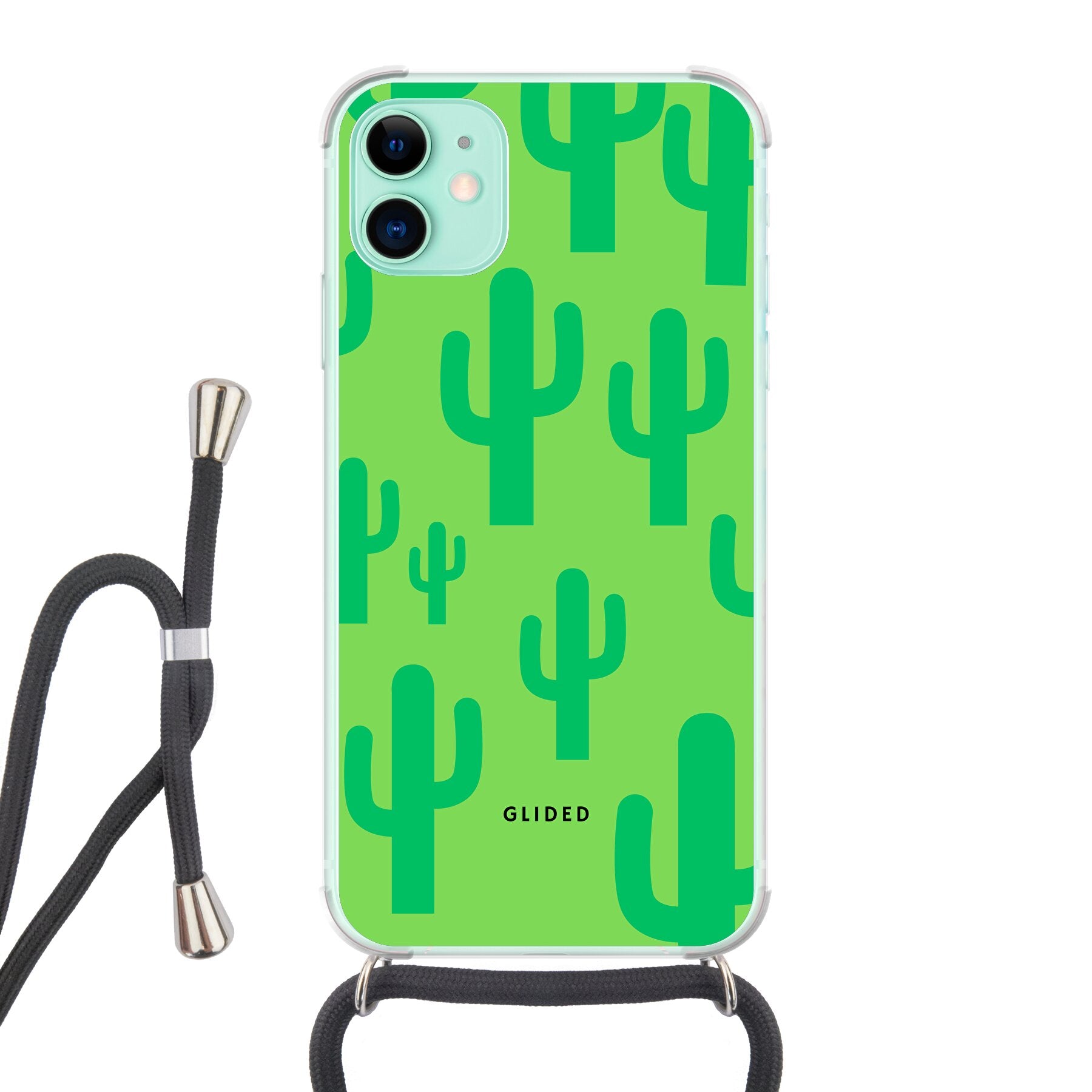 Cactus Spikes iPhone 11 Handyhülle mit lebendigem Kaktusdesign auf grünem Hintergrund, idealer Schutz und Stil.