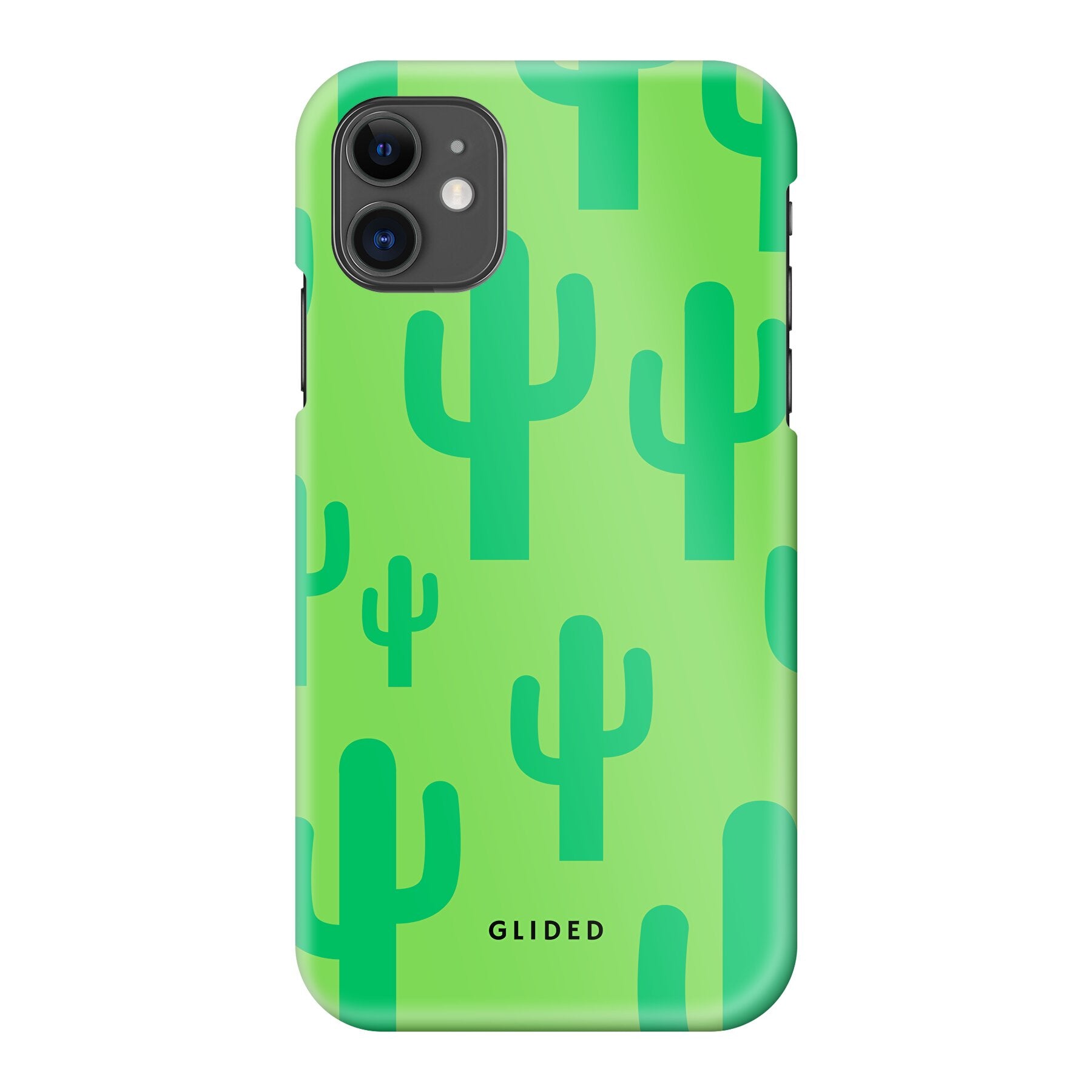 Cactus Spikes iPhone 11 Handyhülle mit lebendigem Kaktusdesign auf grünem Hintergrund, idealer Schutz und Stil.