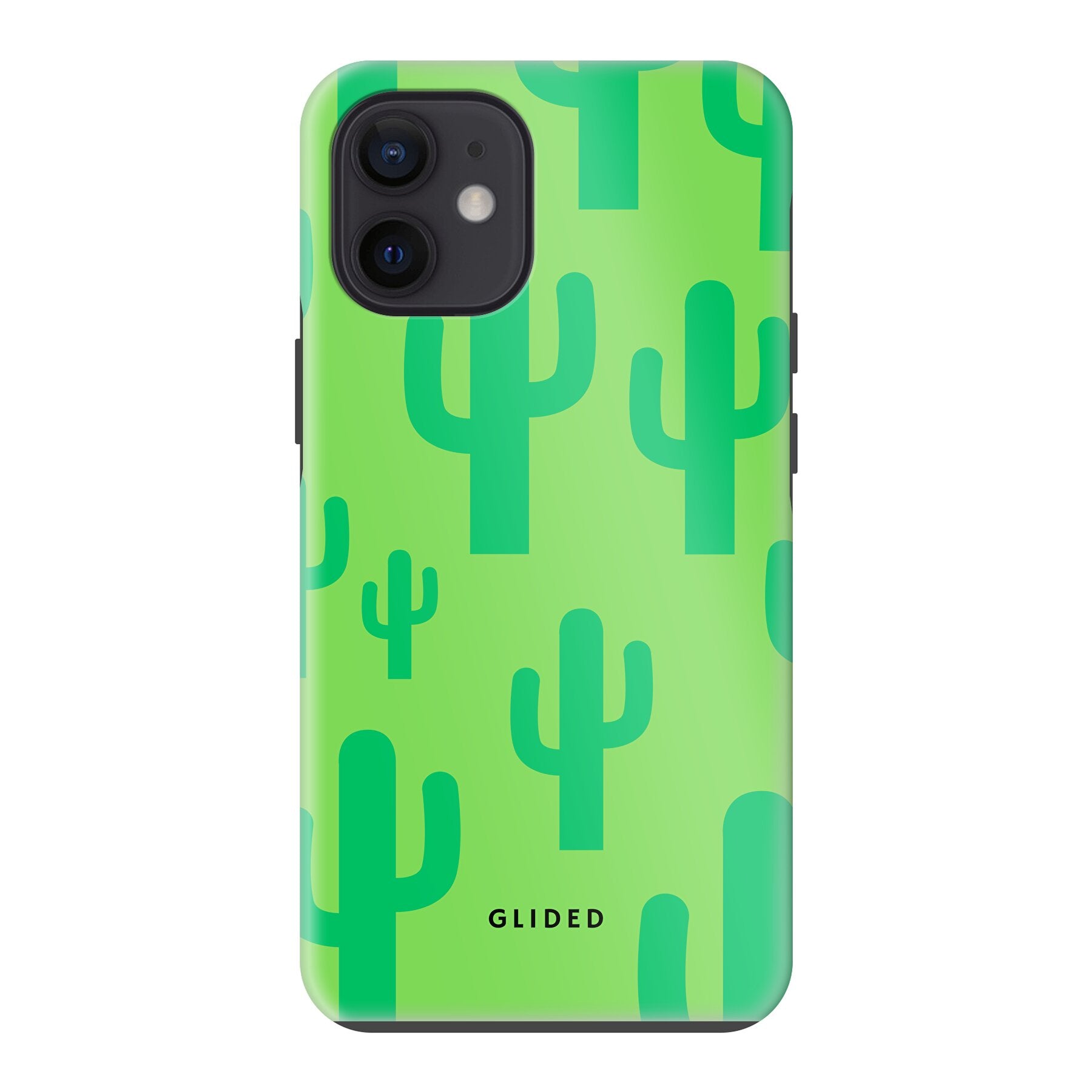 Cactus Spikes iPhone 12 mini Handyhülle mit lebendigem Kaktus-Design auf grünem Hintergrund, ideal für Naturliebhaber.