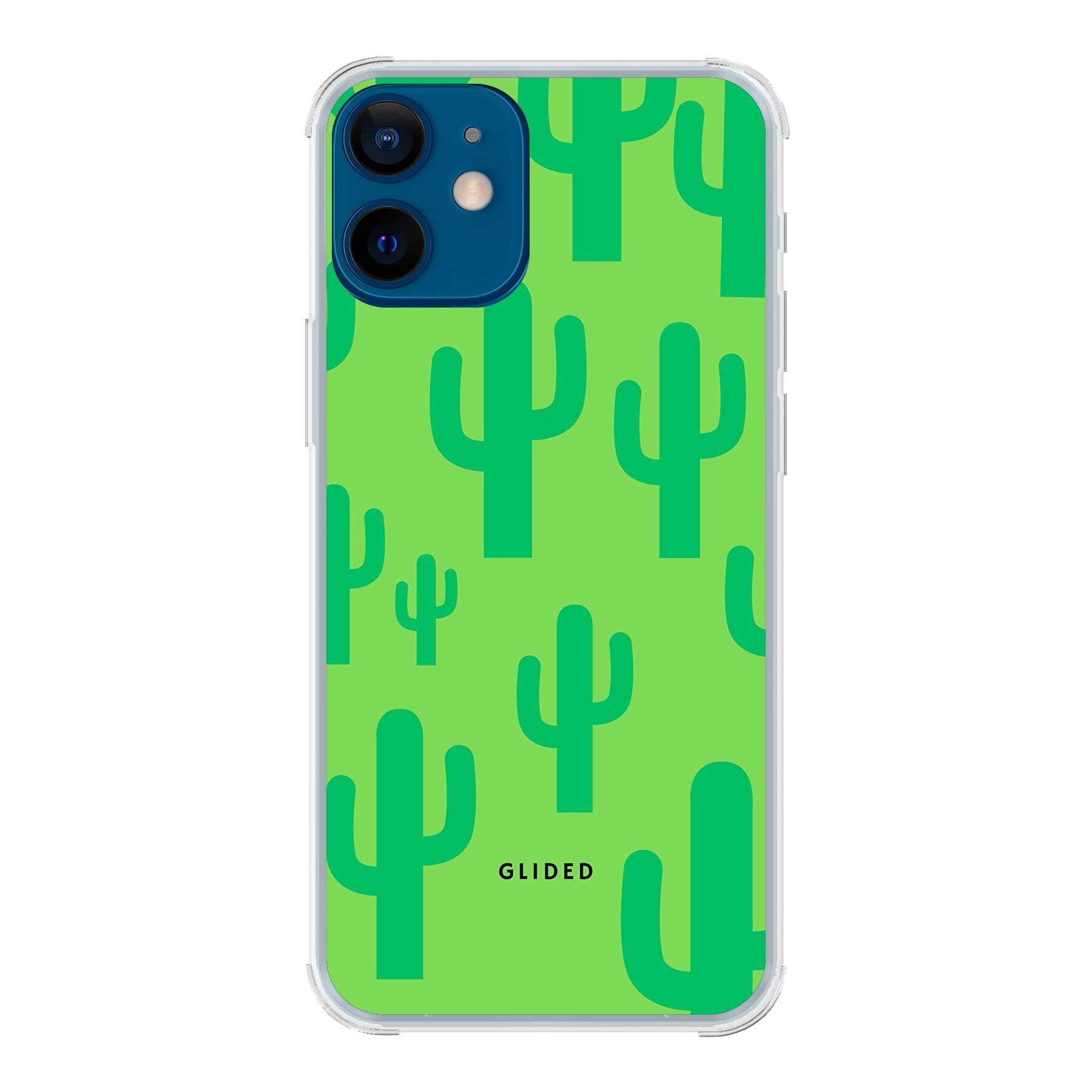 Cactus Spikes iPhone 12 mini Handyhülle mit lebendigem Kaktus-Design auf grünem Hintergrund, ideal für Naturliebhaber.