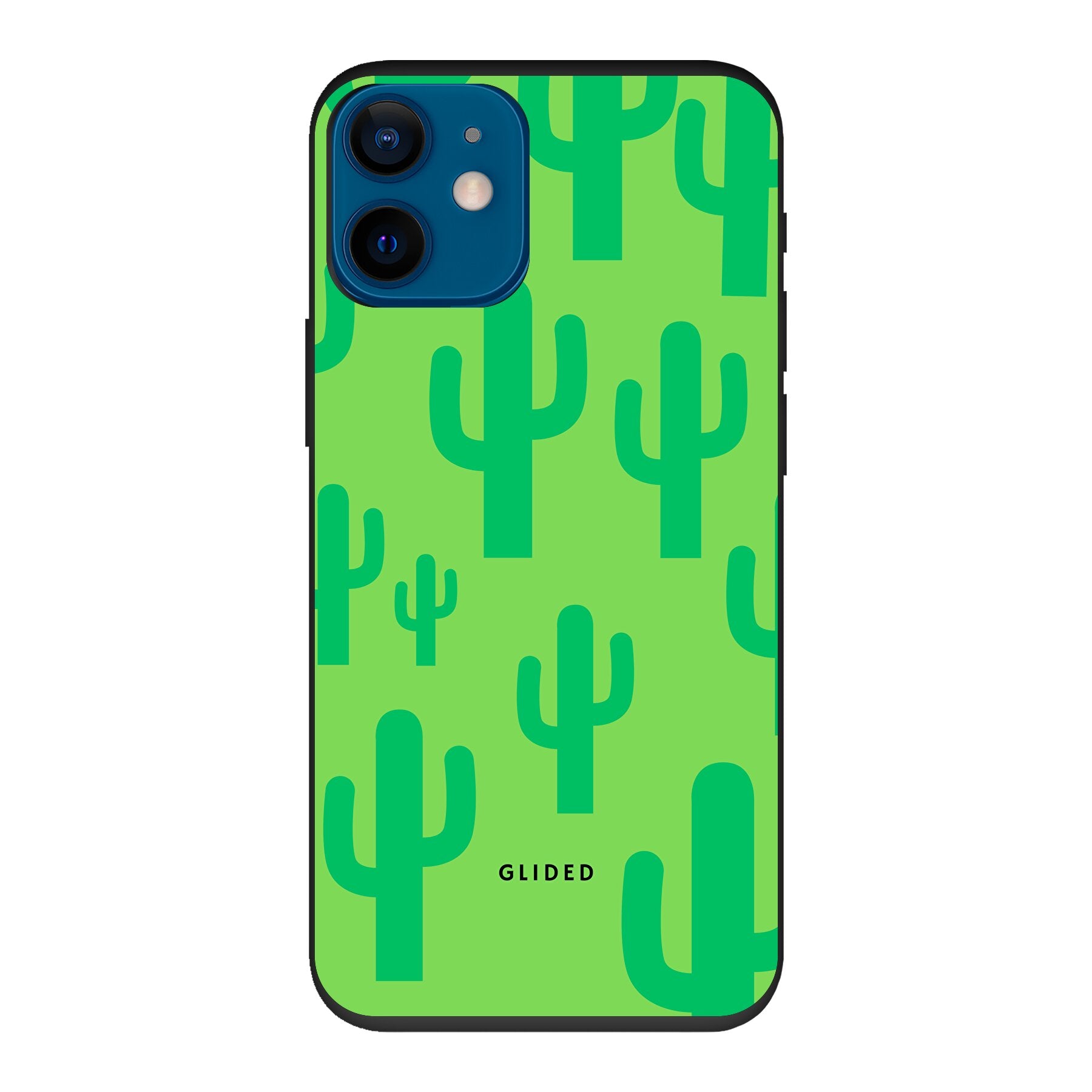 Cactus Spikes iPhone 12 mini Handyhülle mit lebendigem Kaktus-Design auf grünem Hintergrund, ideal für Naturliebhaber.