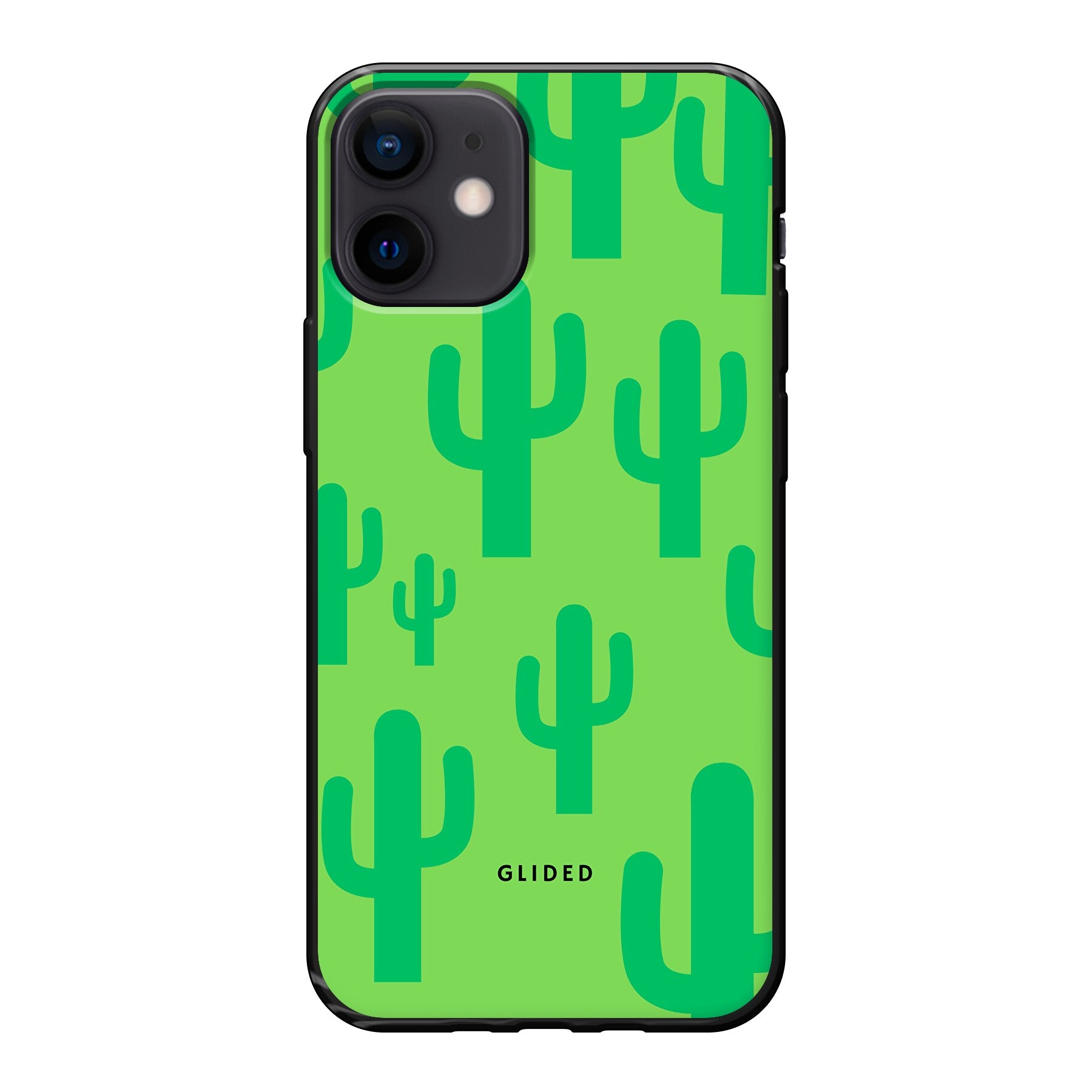 Cactus Spikes iPhone 12 mini Handyhülle mit lebendigem Kaktus-Design auf grünem Hintergrund, ideal für Naturliebhaber.