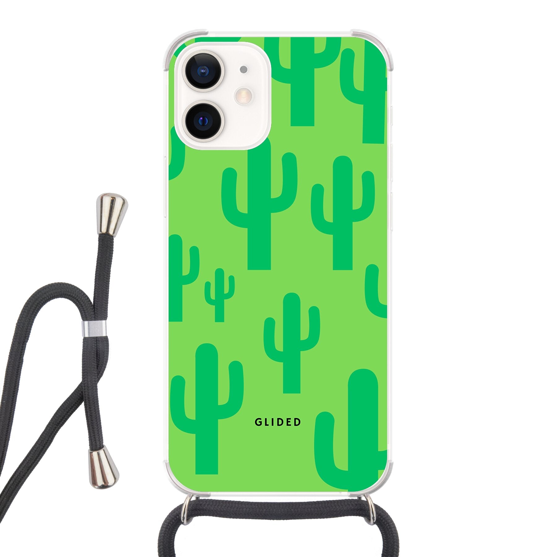 Cactus Spikes iPhone 12 mini Handyhülle mit lebendigem Kaktus-Design auf grünem Hintergrund, ideal für Naturliebhaber.