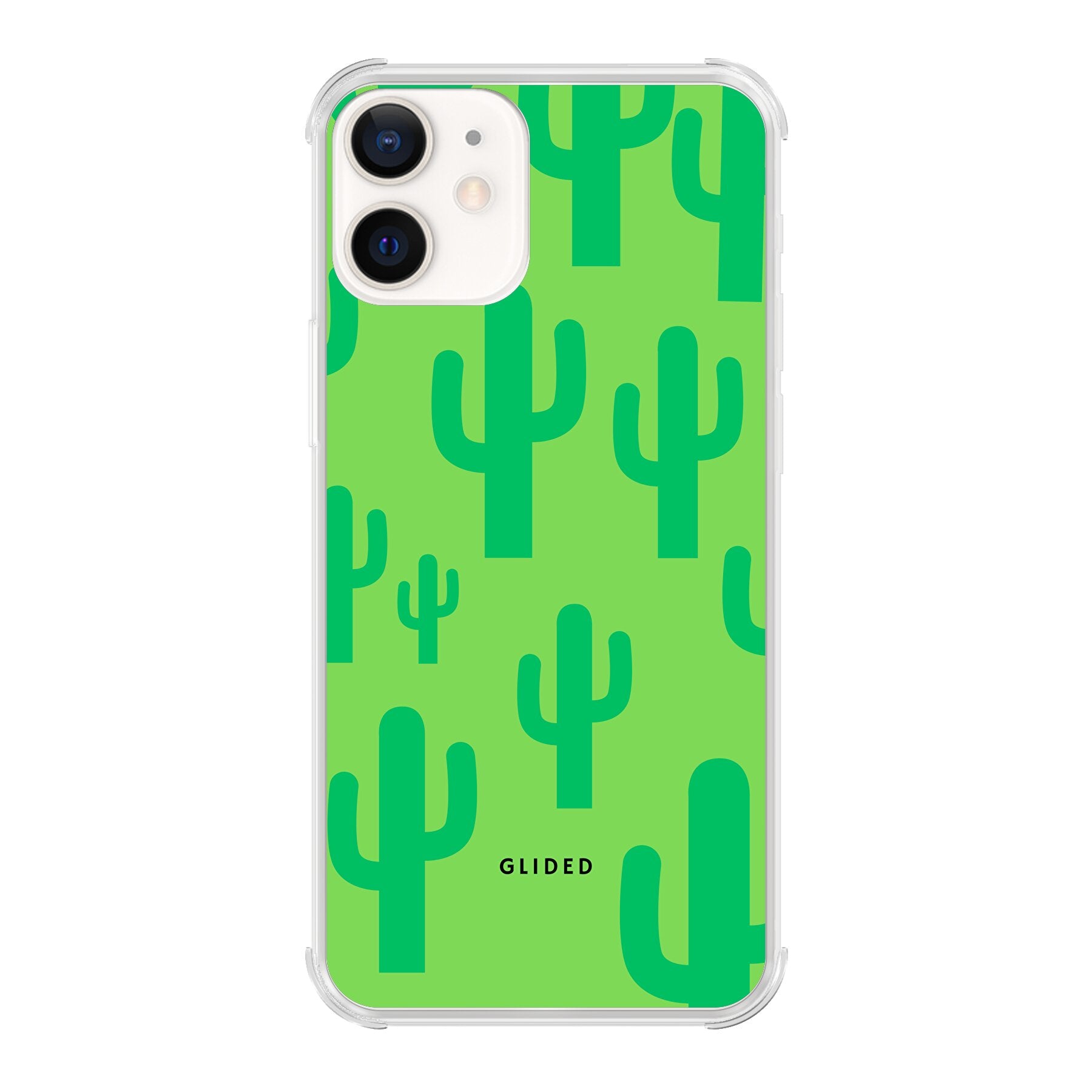 Cactus Spikes iPhone 12 Pro Handyhülle mit lebendigem Kaktusdesign auf grünem Hintergrund, stilvoll und schützend.