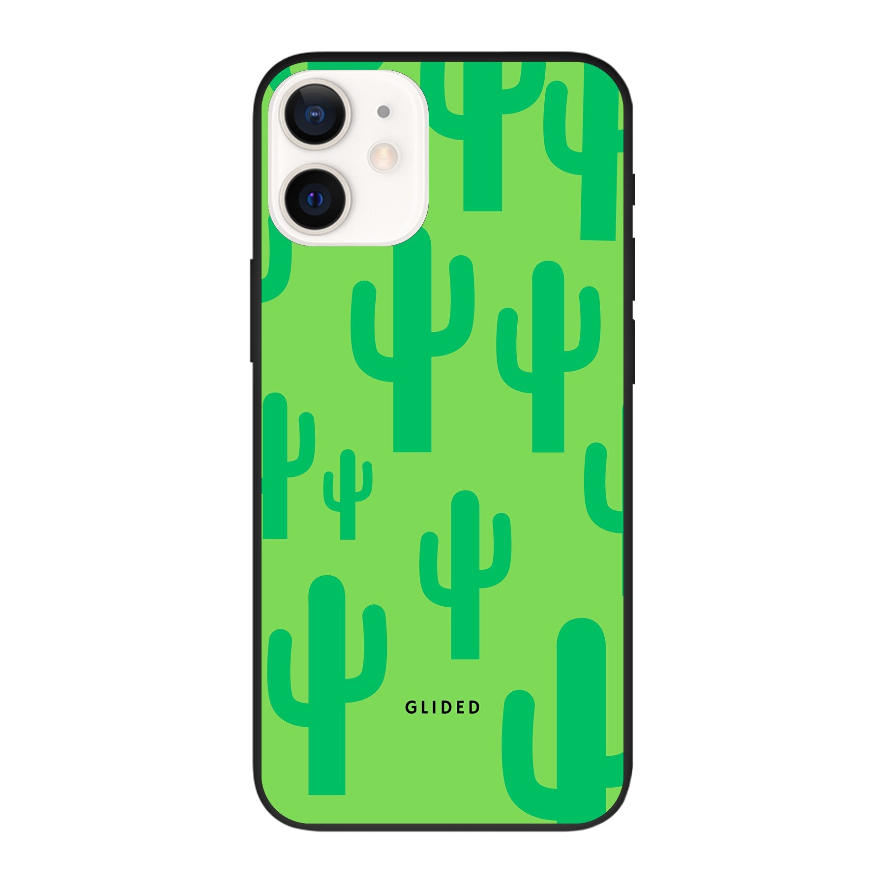 Cactus Spikes iPhone 12 Pro Handyhülle mit lebendigem Kaktusdesign auf grünem Hintergrund, stilvoll und schützend.