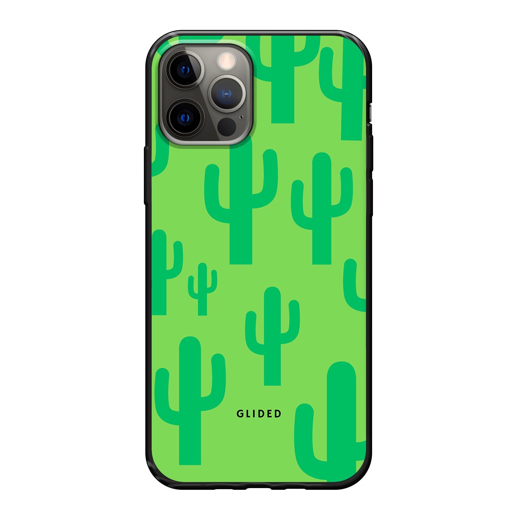 Cactus Spikes iPhone 12 Pro Handyhülle mit lebendigem Kaktusdesign auf grünem Hintergrund, stilvoll und schützend.