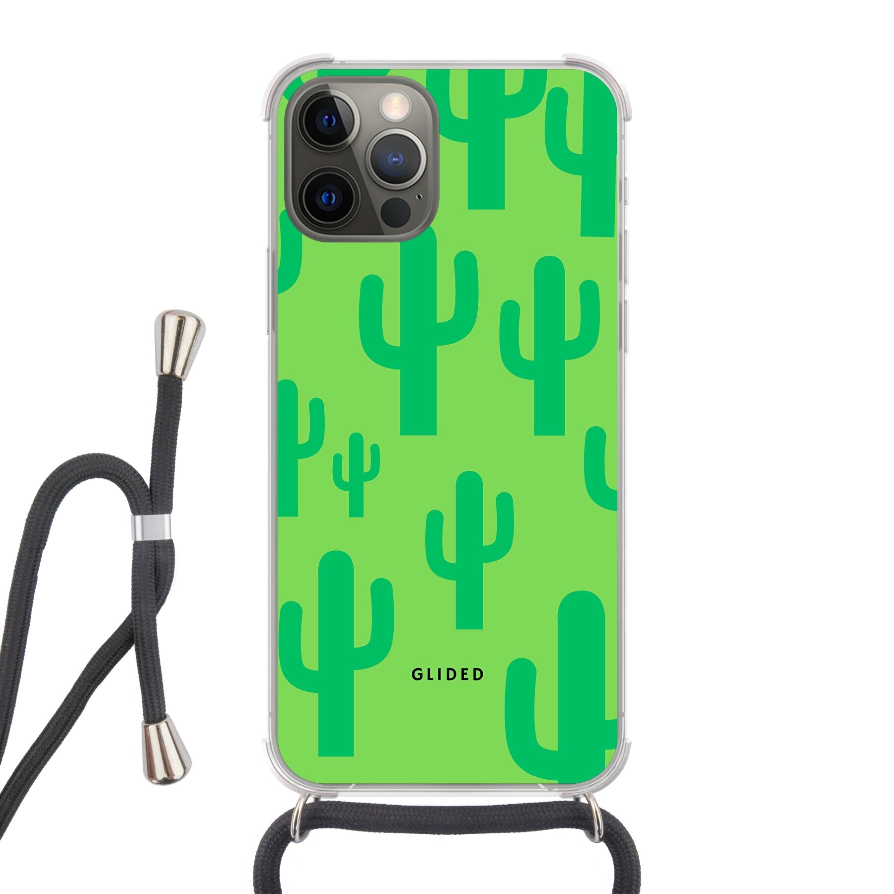 Cactus Spikes iPhone 12 Pro Handyhülle mit lebendigem Kaktusdesign auf grünem Hintergrund, stilvoll und schützend.