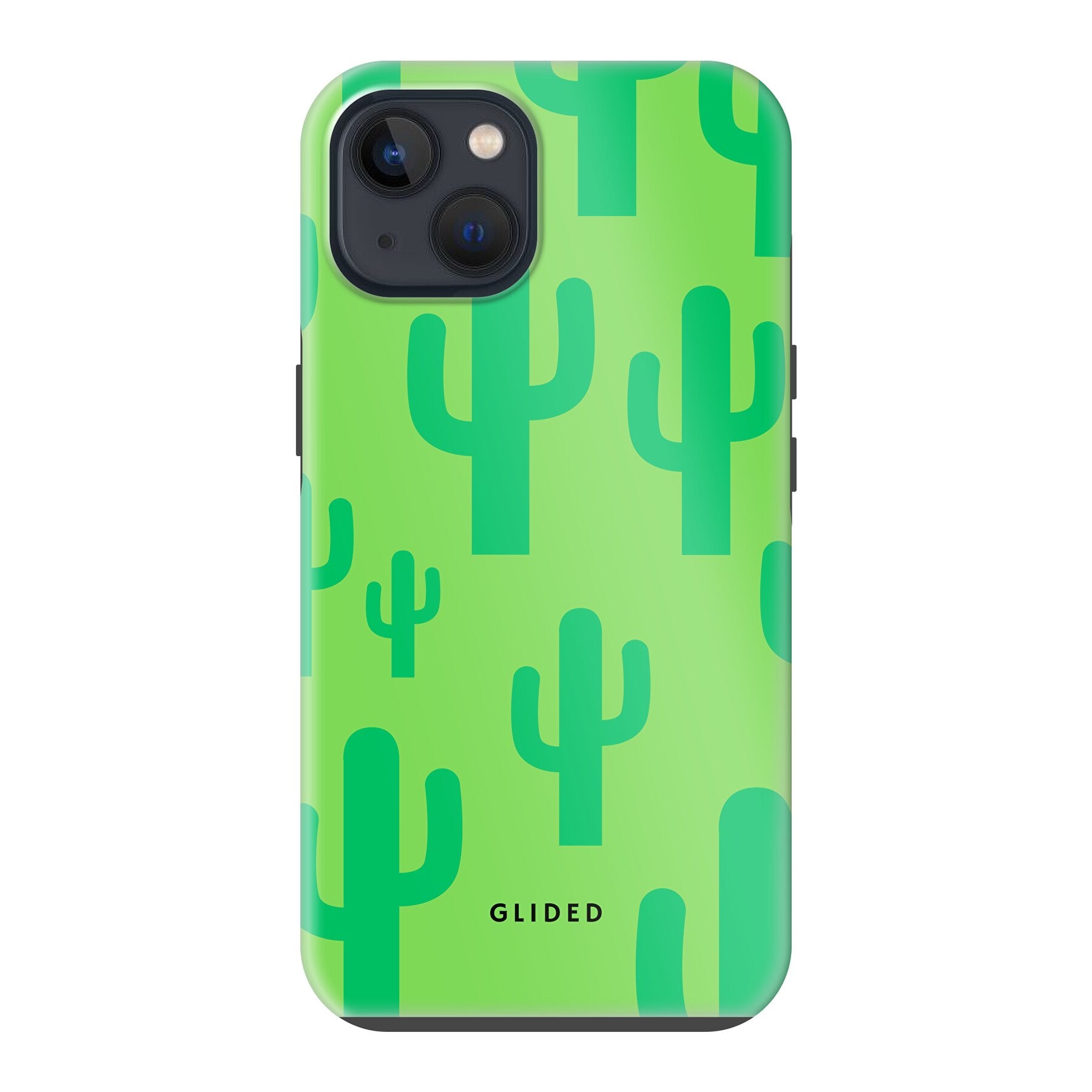 Cactus Spikes iPhone 13 Handyhülle mit lebendigem Kaktusdesign auf grünem Hintergrund, ideal für stilvollen Schutz.