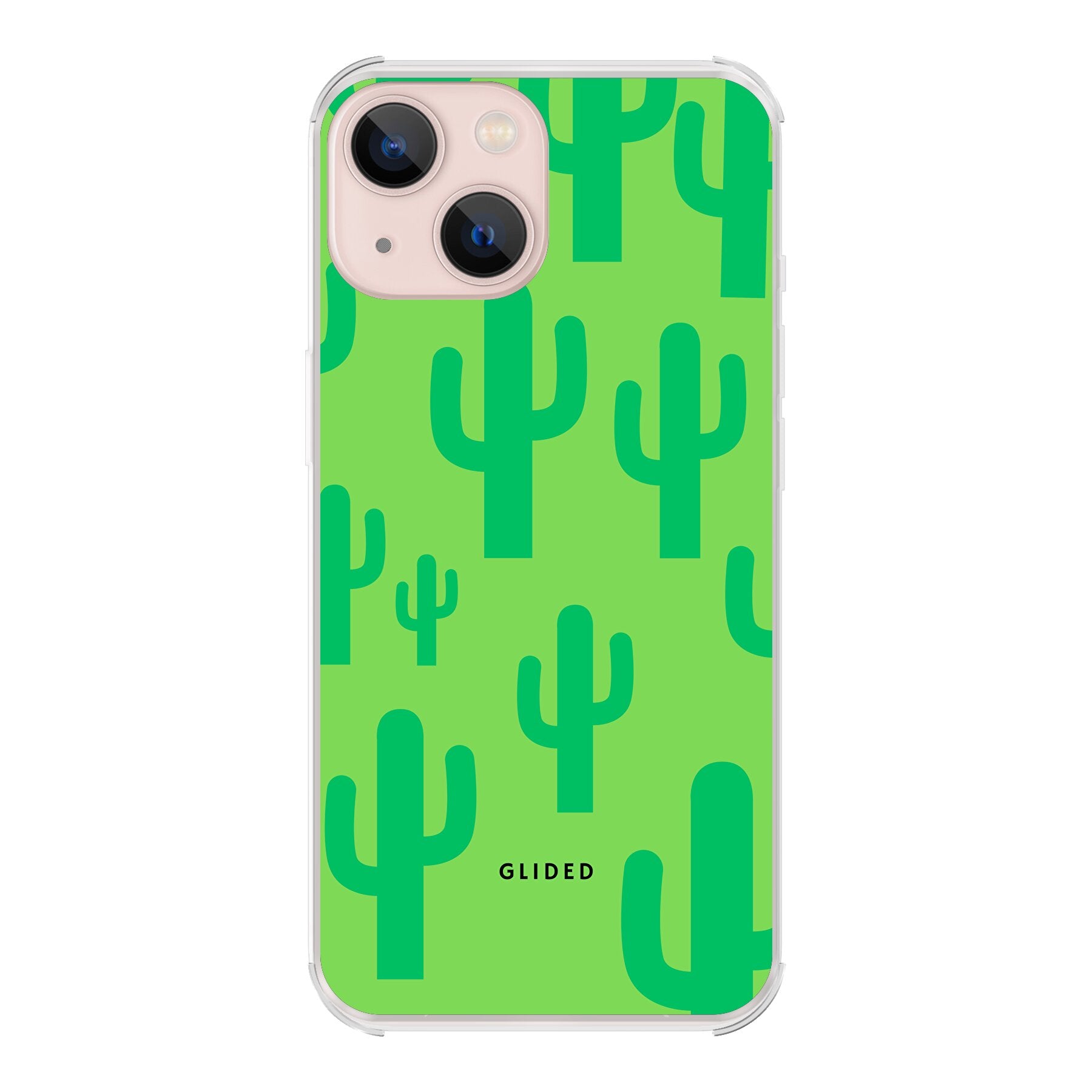 Cactus Spikes iPhone 13 Handyhülle mit lebendigem Kaktusdesign auf grünem Hintergrund, ideal für stilvollen Schutz.