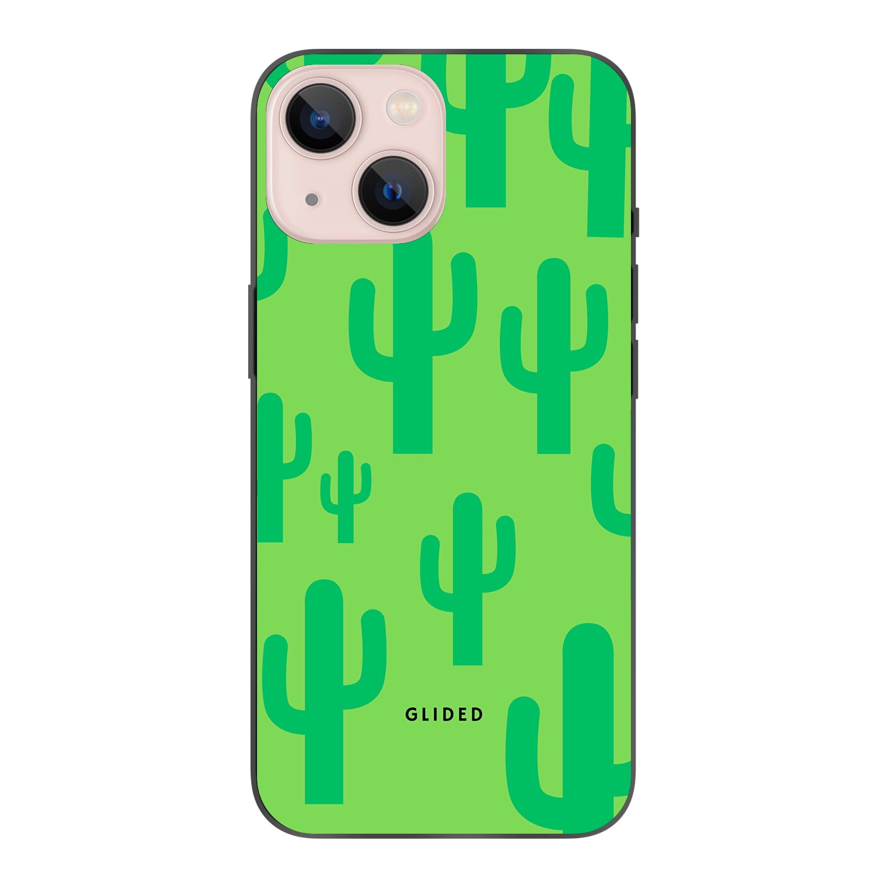 Cactus Spikes iPhone 13 Handyhülle mit lebendigem Kaktusdesign auf grünem Hintergrund, ideal für stilvollen Schutz.