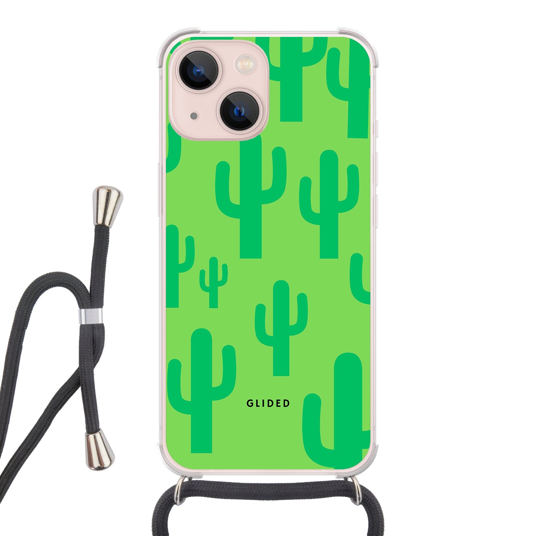 Cactus Spikes iPhone 13 Handyhülle mit lebendigem Kaktusdesign auf grünem Hintergrund, ideal für stilvollen Schutz.