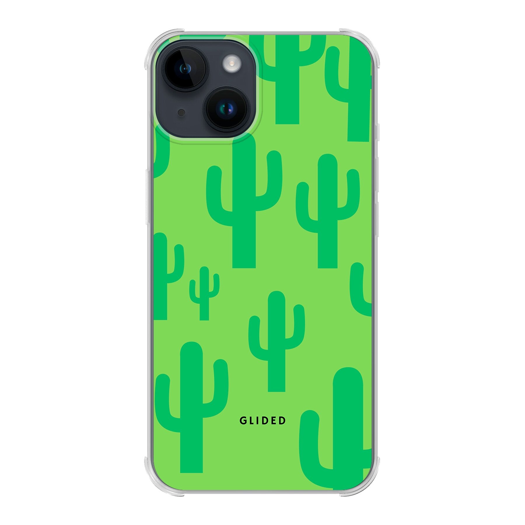 Cactus Spikes iPhone 14 Handyhülle mit lebendigem Kaktus-Design auf grünem Hintergrund, ideal für stilvollen Schutz.