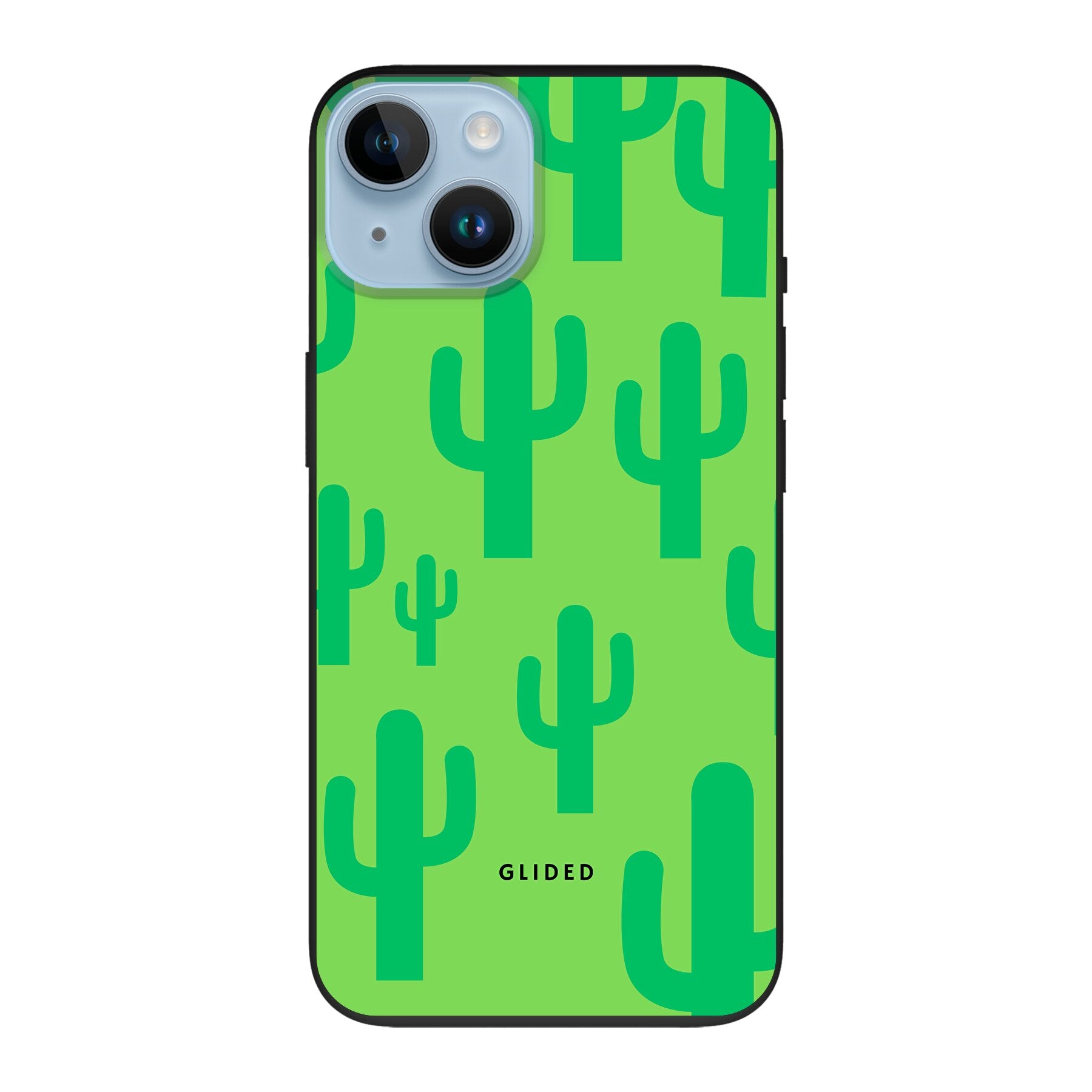 Cactus Spikes iPhone 14 Handyhülle mit lebendigem Kaktus-Design auf grünem Hintergrund, ideal für stilvollen Schutz.