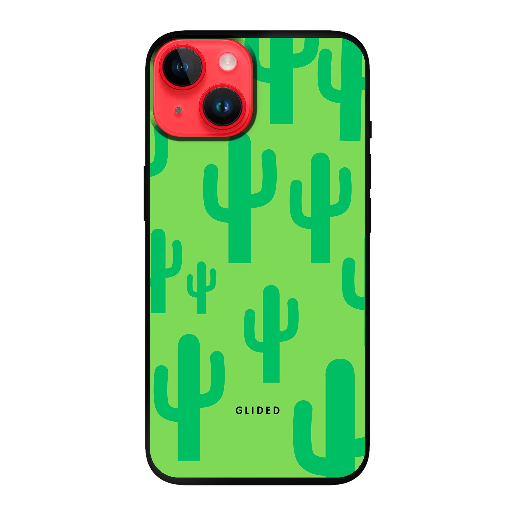 Cactus Spikes iPhone 14 Handyhülle mit lebendigem Kaktus-Design auf grünem Hintergrund, ideal für stilvollen Schutz.