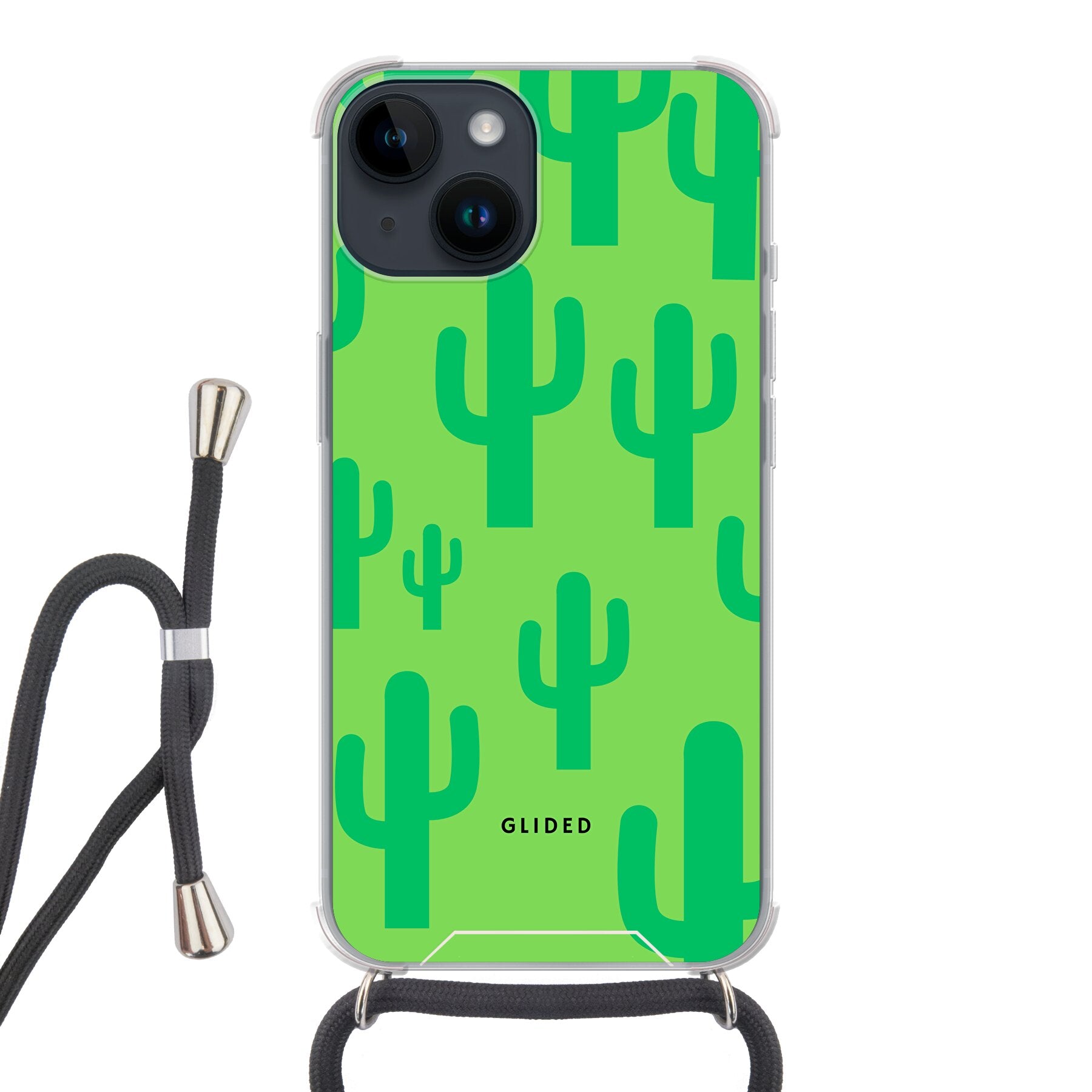 Cactus Spikes iPhone 14 Handyhülle mit lebendigem Kaktus-Design auf grünem Hintergrund, ideal für stilvollen Schutz.