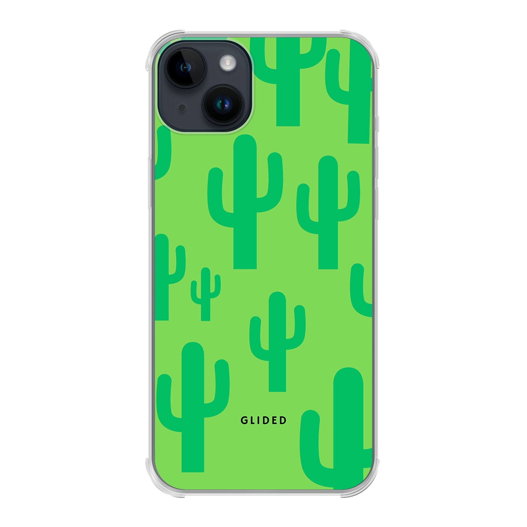 Cactus Spikes Handyhülle für iPhone 14 Plus mit lebendigen Kaktusdesign auf grünem Hintergrund, stilvoll und schützend.