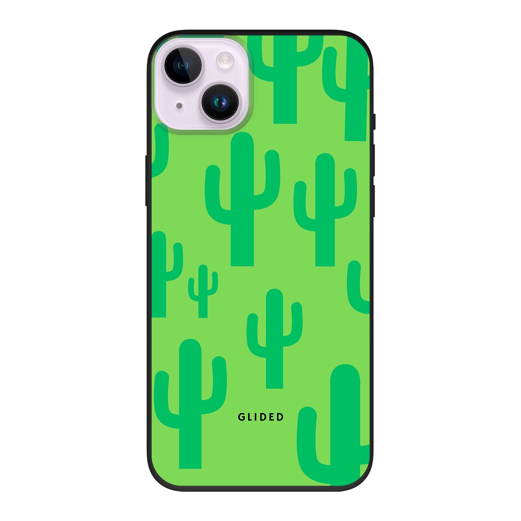 Cactus Spikes Handyhülle für iPhone 14 Plus mit lebendigen Kaktusdesign auf grünem Hintergrund, stilvoll und schützend.