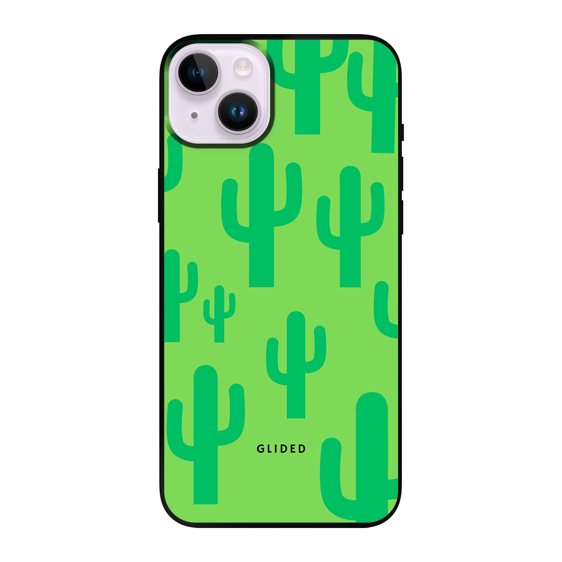 Cactus Spikes Handyhülle für iPhone 14 Plus mit lebendigen Kaktusdesign auf grünem Hintergrund, stilvoll und schützend.