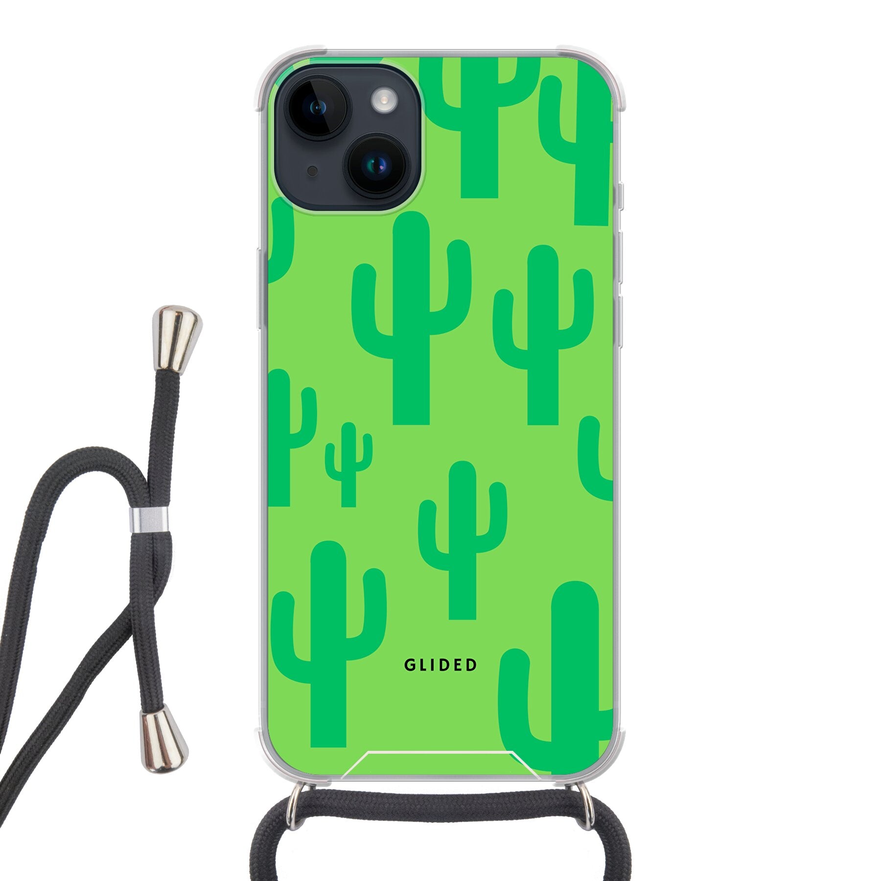 Cactus Spikes Handyhülle für iPhone 14 Plus mit lebendigen Kaktusdesign auf grünem Hintergrund, stilvoll und schützend.