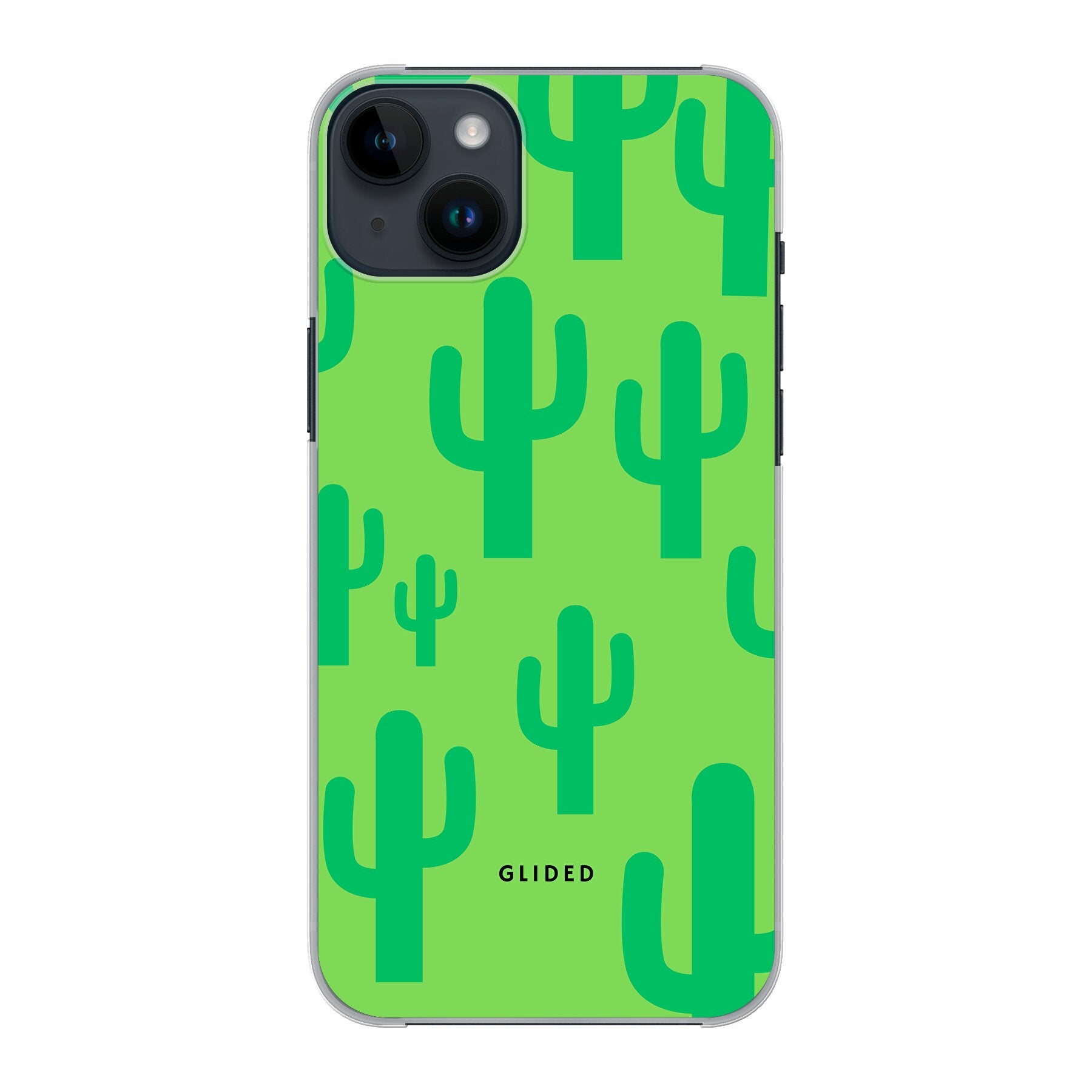 Cactus Spikes Handyhülle für iPhone 14 Plus mit lebendigen Kaktusdesign auf grünem Hintergrund, stilvoll und schützend.