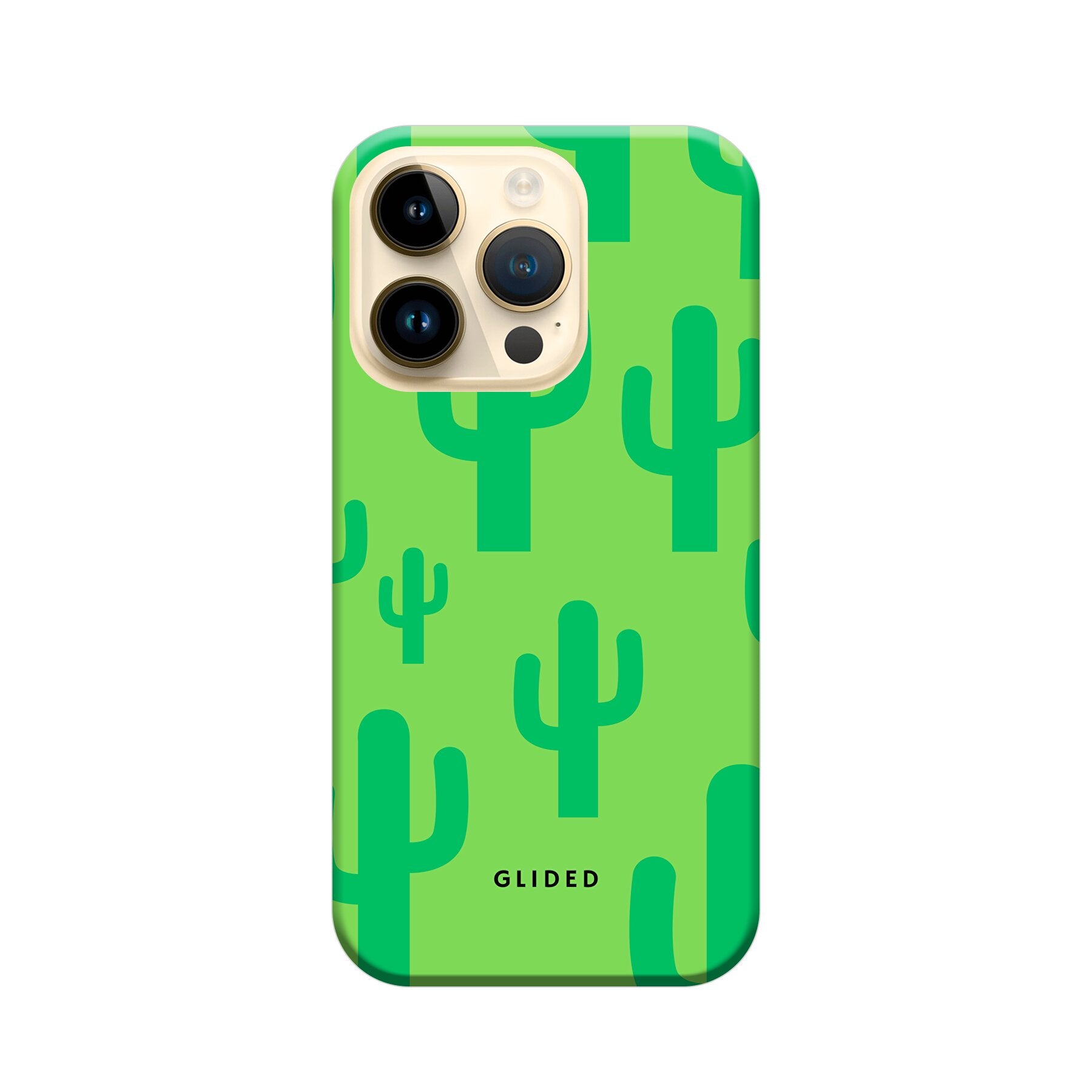 Cactus Spikes iPhone 14 Pro Handyhülle mit lebendigem Kaktusdesign auf grünem Hintergrund, idealer Schutz und stilvolles Accessoire.