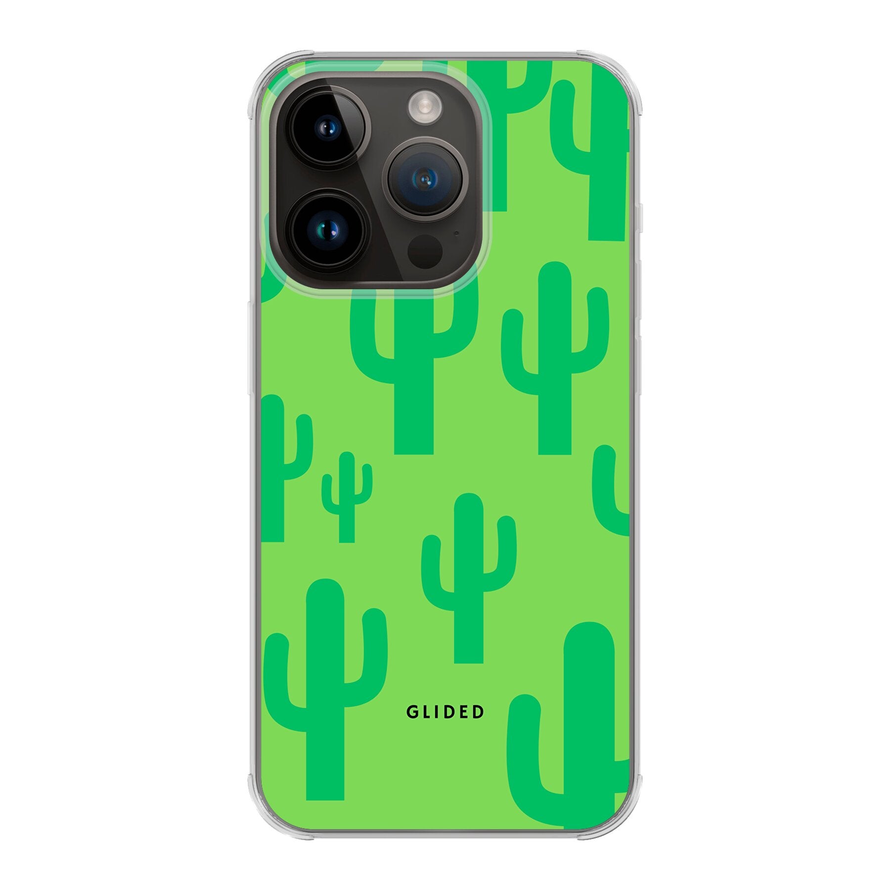 Cactus Spikes iPhone 14 Pro Handyhülle mit lebendigem Kaktusdesign auf grünem Hintergrund, idealer Schutz und stilvolles Accessoire.