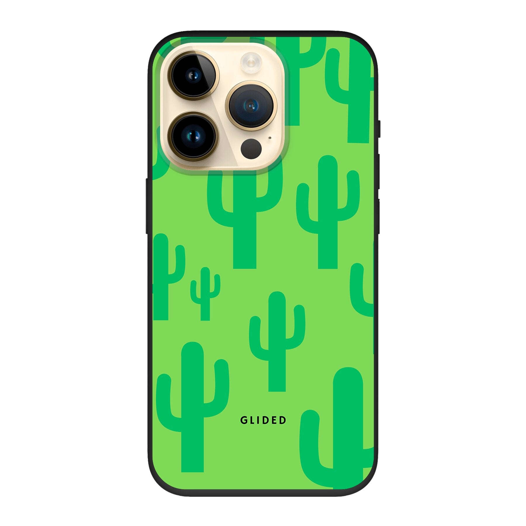 Cactus Spikes iPhone 14 Pro Handyhülle mit lebendigem Kaktusdesign auf grünem Hintergrund, idealer Schutz und stilvolles Accessoire.