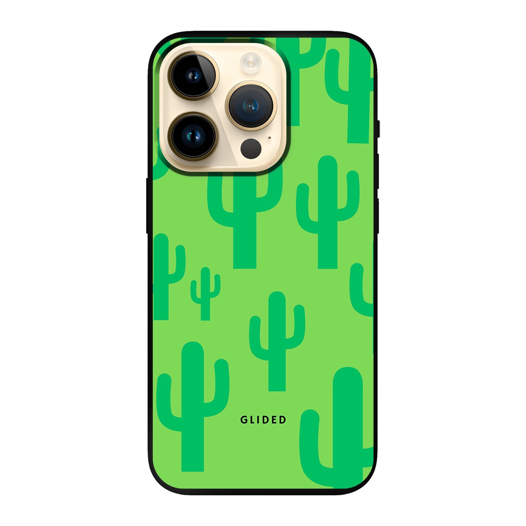 Cactus Spikes iPhone 14 Pro Handyhülle mit lebendigem Kaktusdesign auf grünem Hintergrund, idealer Schutz und stilvolles Accessoire.