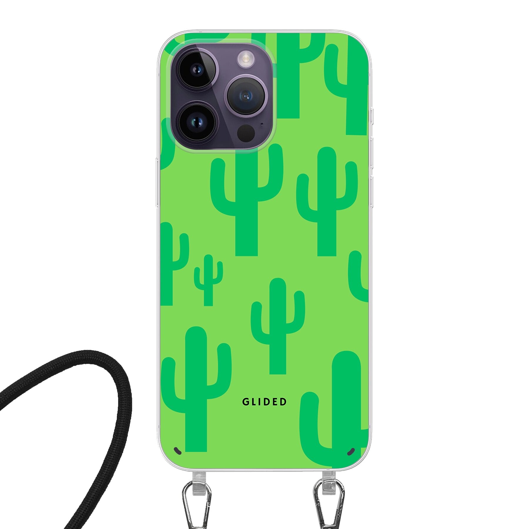 Cactus Spikes iPhone 14 Pro Handyhülle mit lebendigem Kaktusdesign auf grünem Hintergrund, idealer Schutz und stilvolles Accessoire.