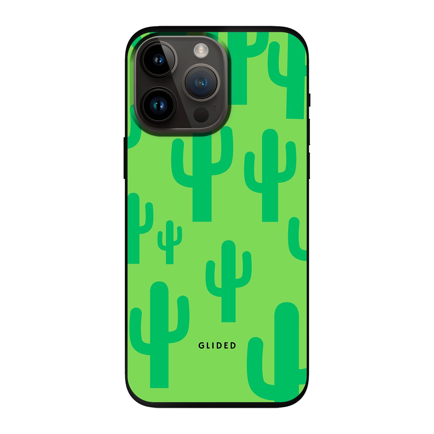 Cactus Spikes iPhone 14 Pro Max Handyhülle mit lebendigem Kaktus-Design auf grünem Hintergrund, idealer Schutz und Stil.