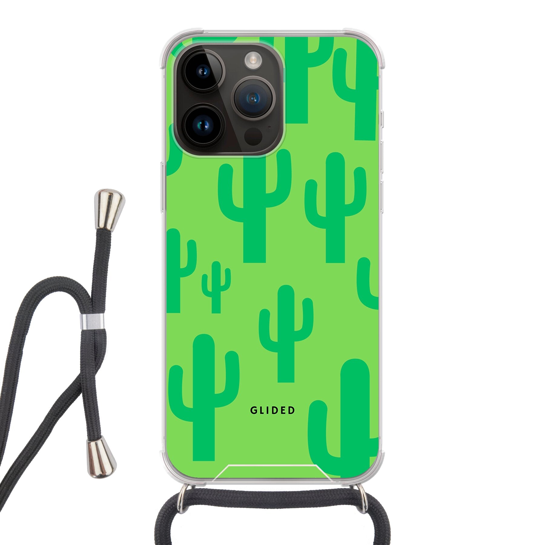 Cactus Spikes iPhone 14 Pro Max Handyhülle mit lebendigem Kaktus-Design auf grünem Hintergrund, idealer Schutz und Stil.