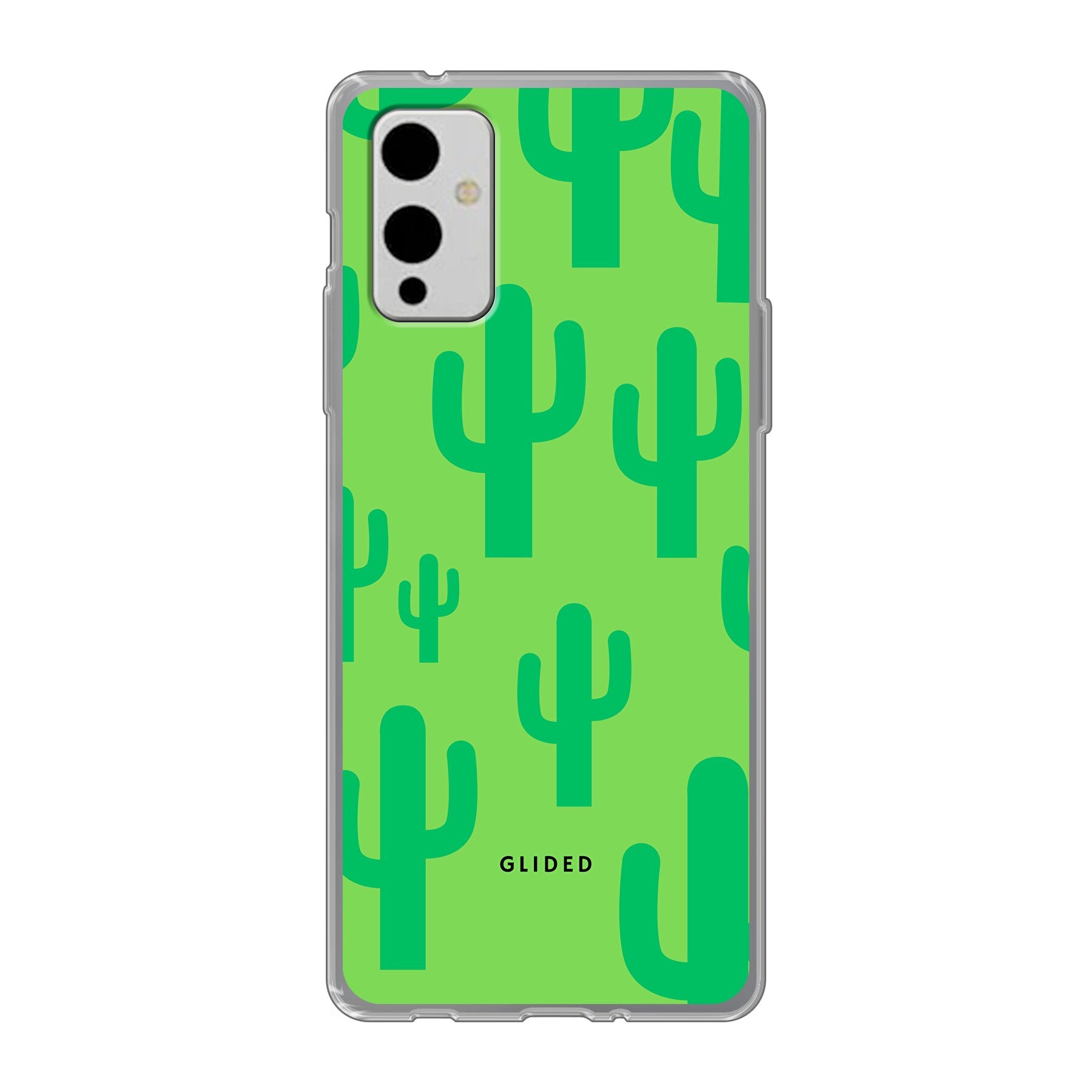 Cactus Spikes Handyhülle für OnePlus 9 mit lebendigen Kaktus-Motiven auf grünem Hintergrund, stilvoll und schützend.