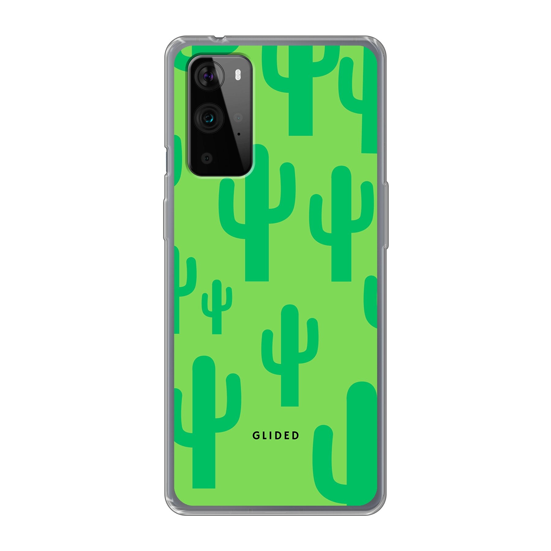 Cactus Spikes Handyhülle für OnePlus 9 Pro mit lebendigem Kaktusdesign auf grünem Hintergrund, stilvoll und schützend.