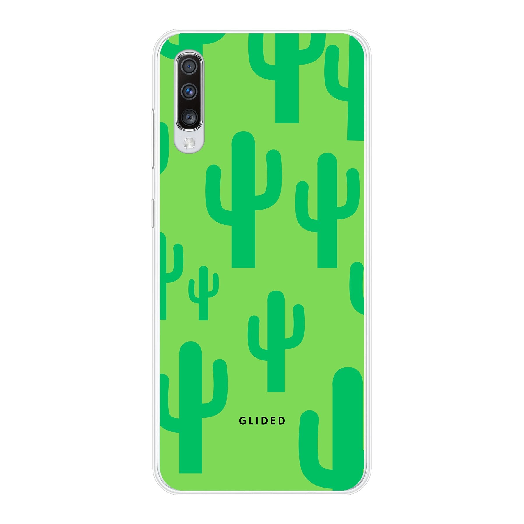 Cactus Spikes Handyhülle für Samsung Galaxy A70 mit lebendigen Kaktusdesign auf grünem Hintergrund.