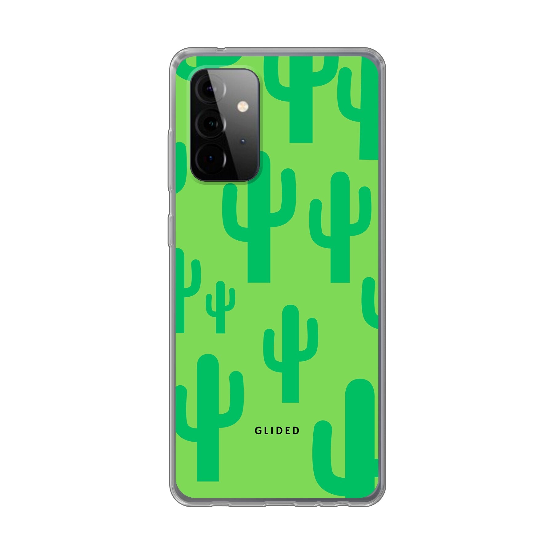 Cactus Spikes Handyhülle für Samsung Galaxy A72 5G mit lebendigem Kaktusdesign auf grünem Hintergrund, idealer Schutz und Stil.