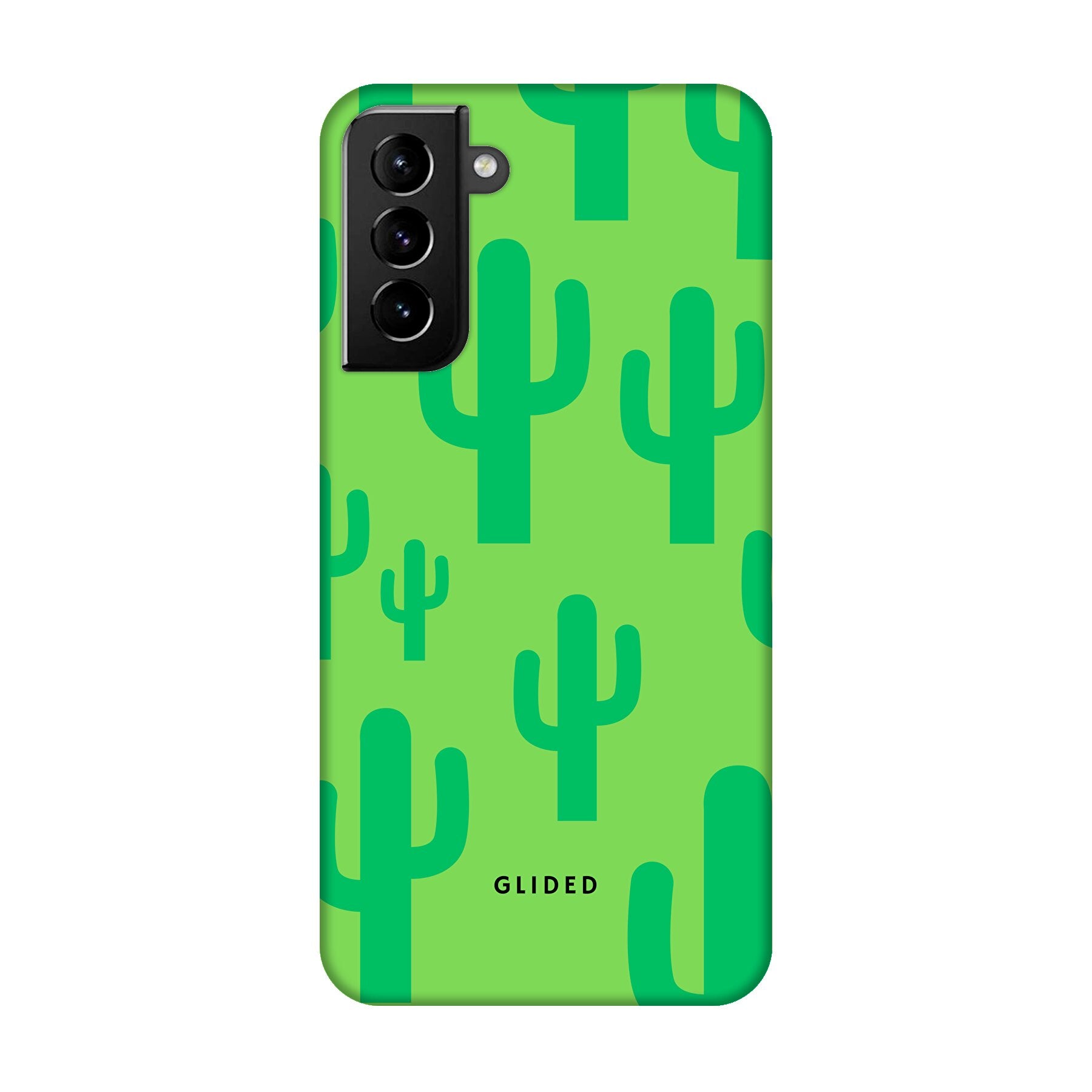 Cactus Spikes Handyhülle für Samsung Galaxy S21 Plus 5G mit lebendigen Kaktus-Motiven auf grünem Hintergrund.