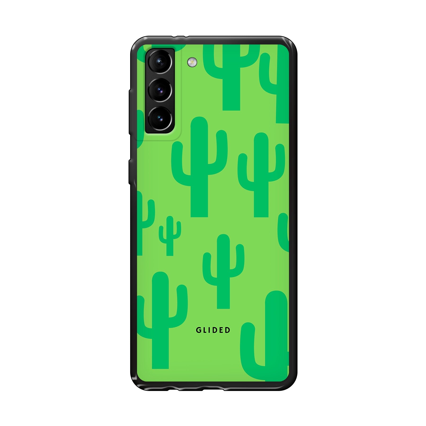 Cactus Spikes Handyhülle für Samsung Galaxy S21 Plus 5G mit lebendigen Kaktus-Motiven auf grünem Hintergrund.