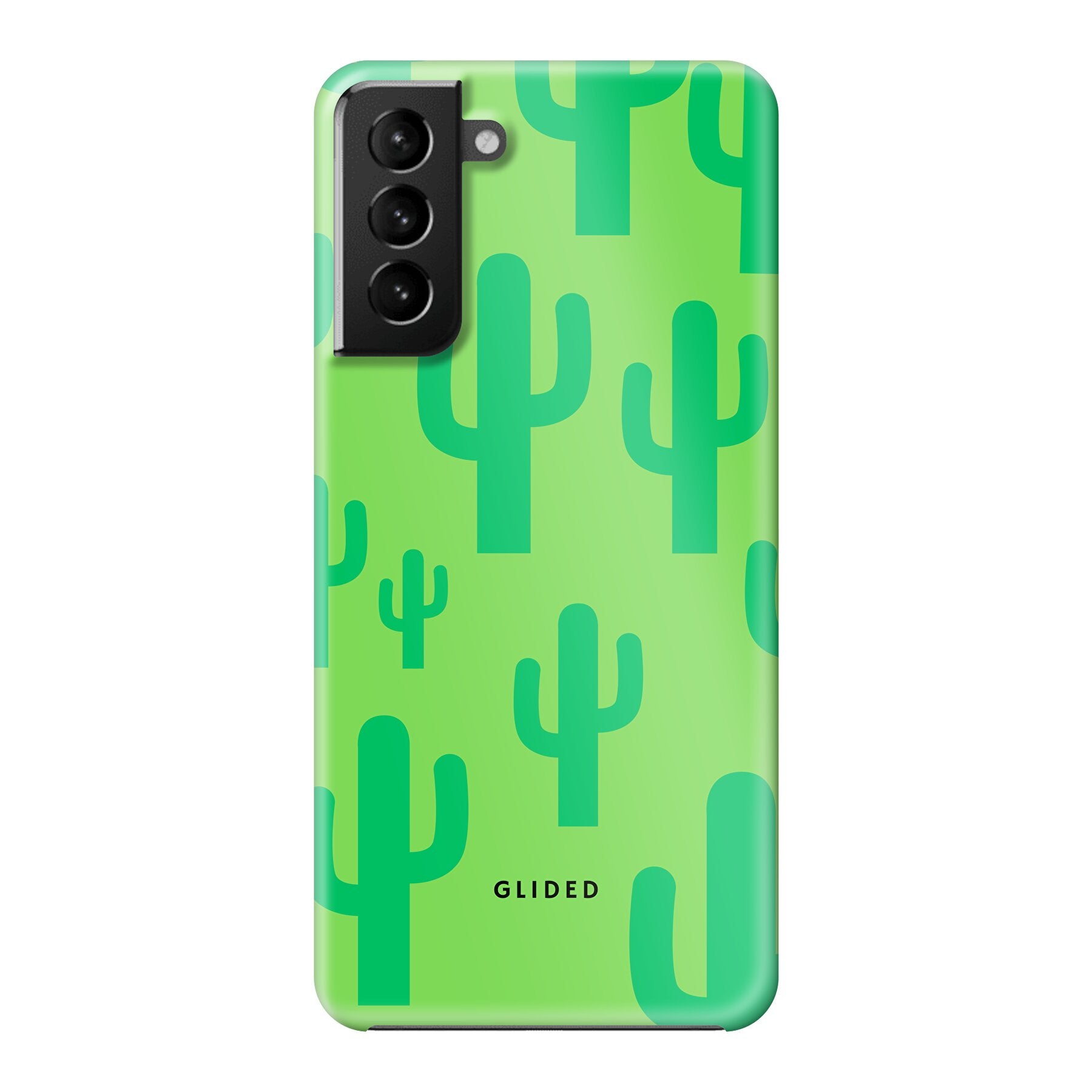 Cactus Spikes Handyhülle für Samsung Galaxy S21 Plus 5G mit lebendigen Kaktus-Motiven auf grünem Hintergrund.