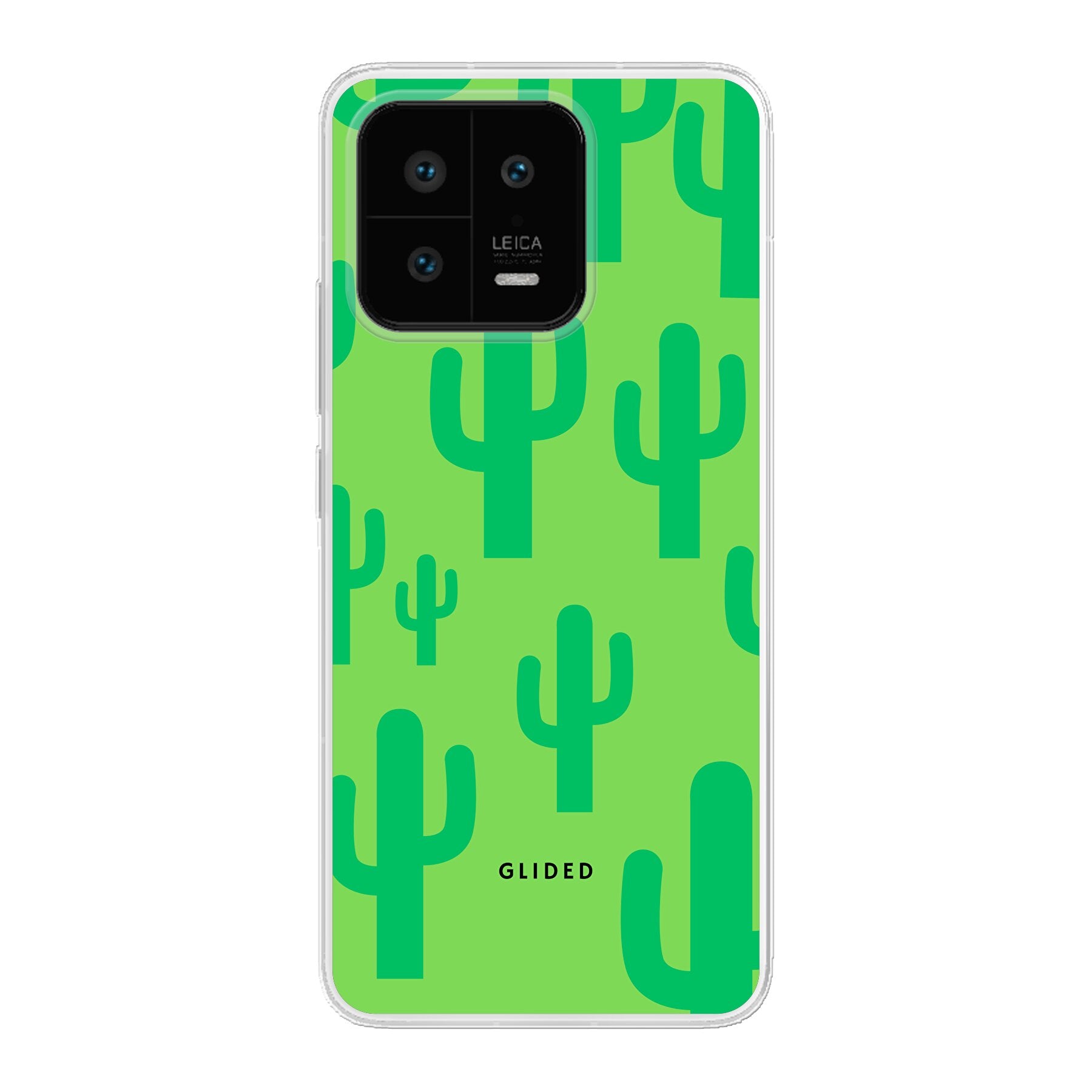 Cactus Spikes Handyhülle für Xiaomi 13 mit lebendigen Kaktus-Motiven auf grünem Hintergrund, stilvoll und schützend.