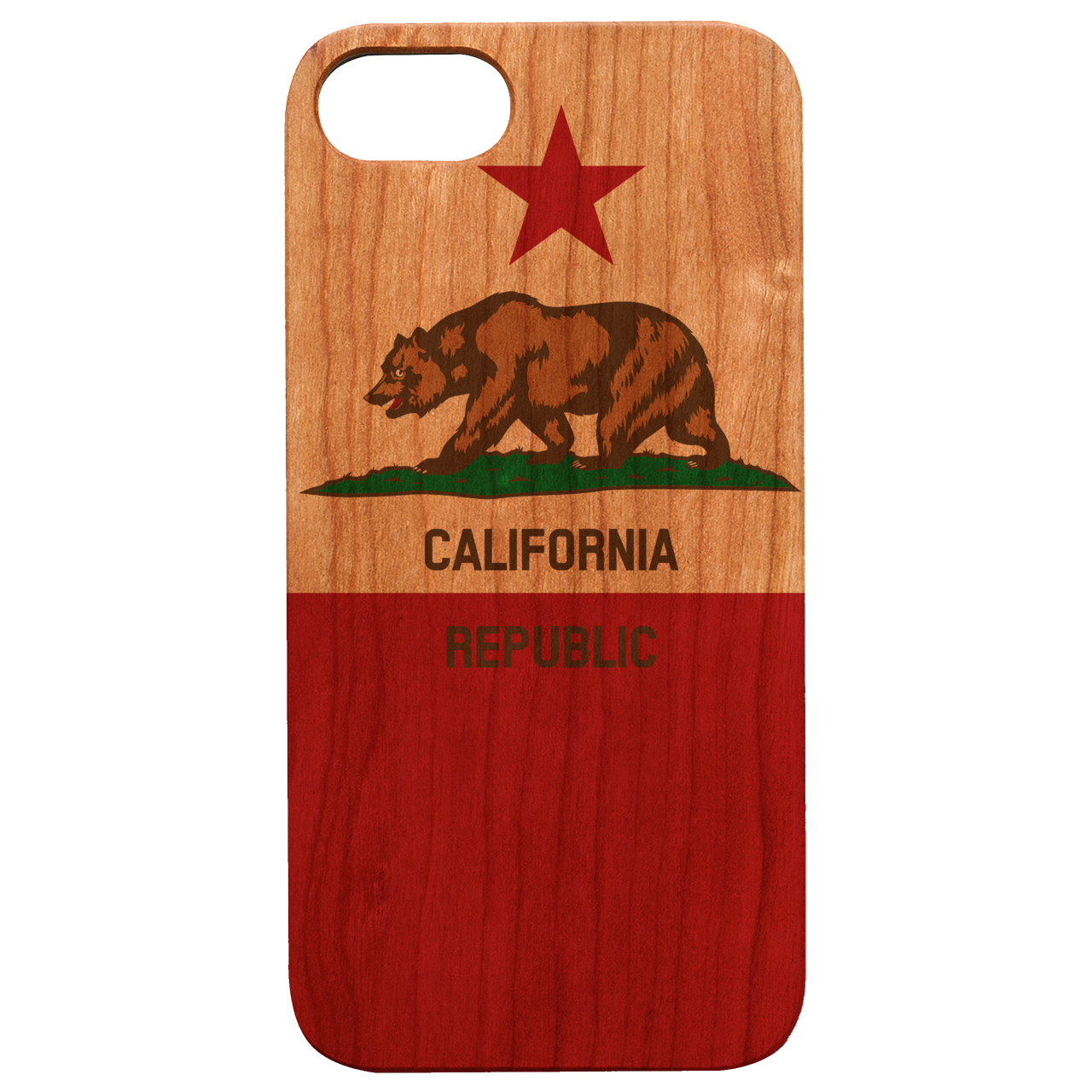 California Flag UV Color Printed wooden phone case showcasing vibrant colors and intricate design.