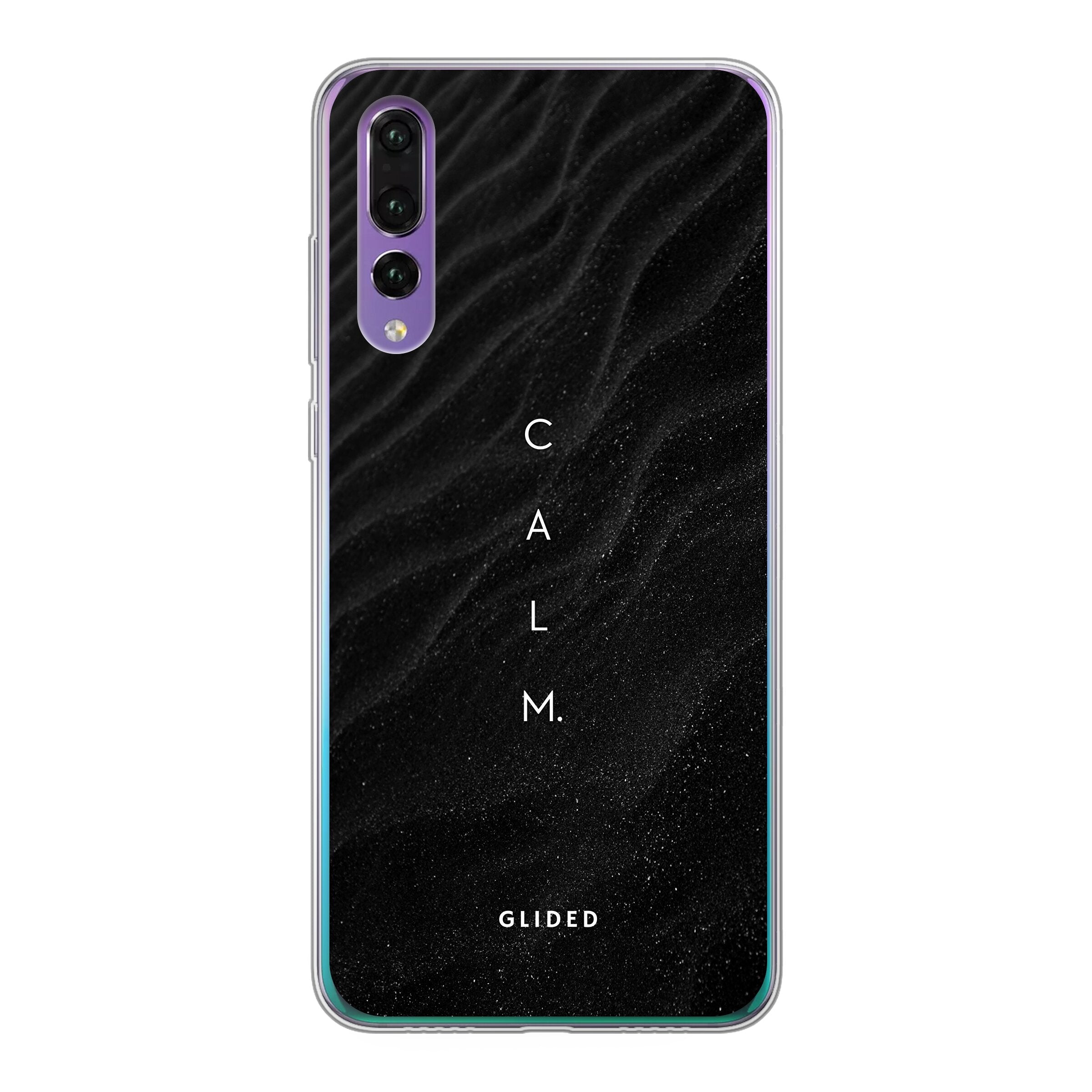 Minimalistische Huawei P30 Handyhülle mit dem Schriftzug 'Calm' auf dunklem Hintergrund, ideal für stilvollen Schutz.