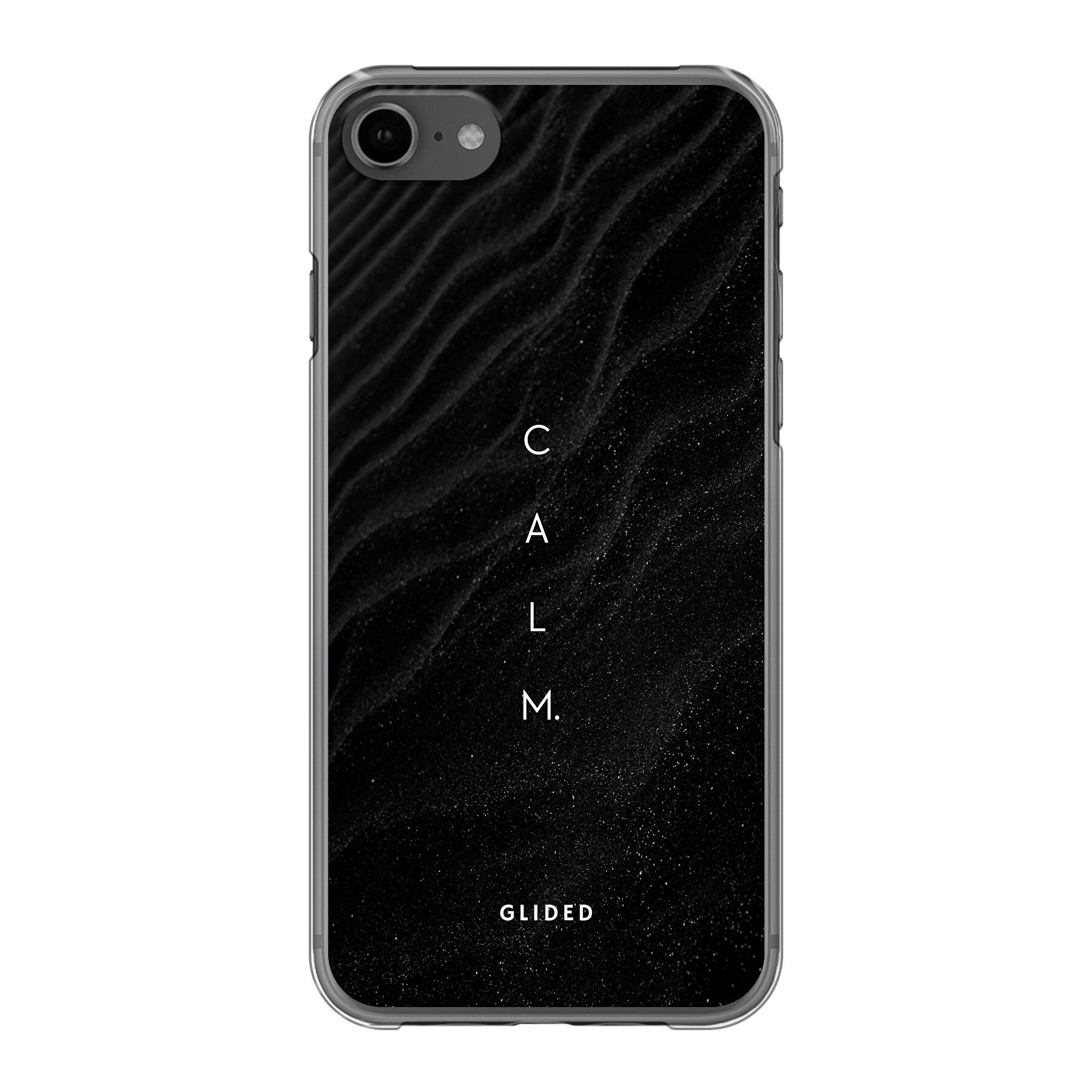 Minimalistische iPhone 7 Handyhülle mit dem Schriftzug 'Calm' auf dunklem Hintergrund, ideal für stilvollen Schutz.