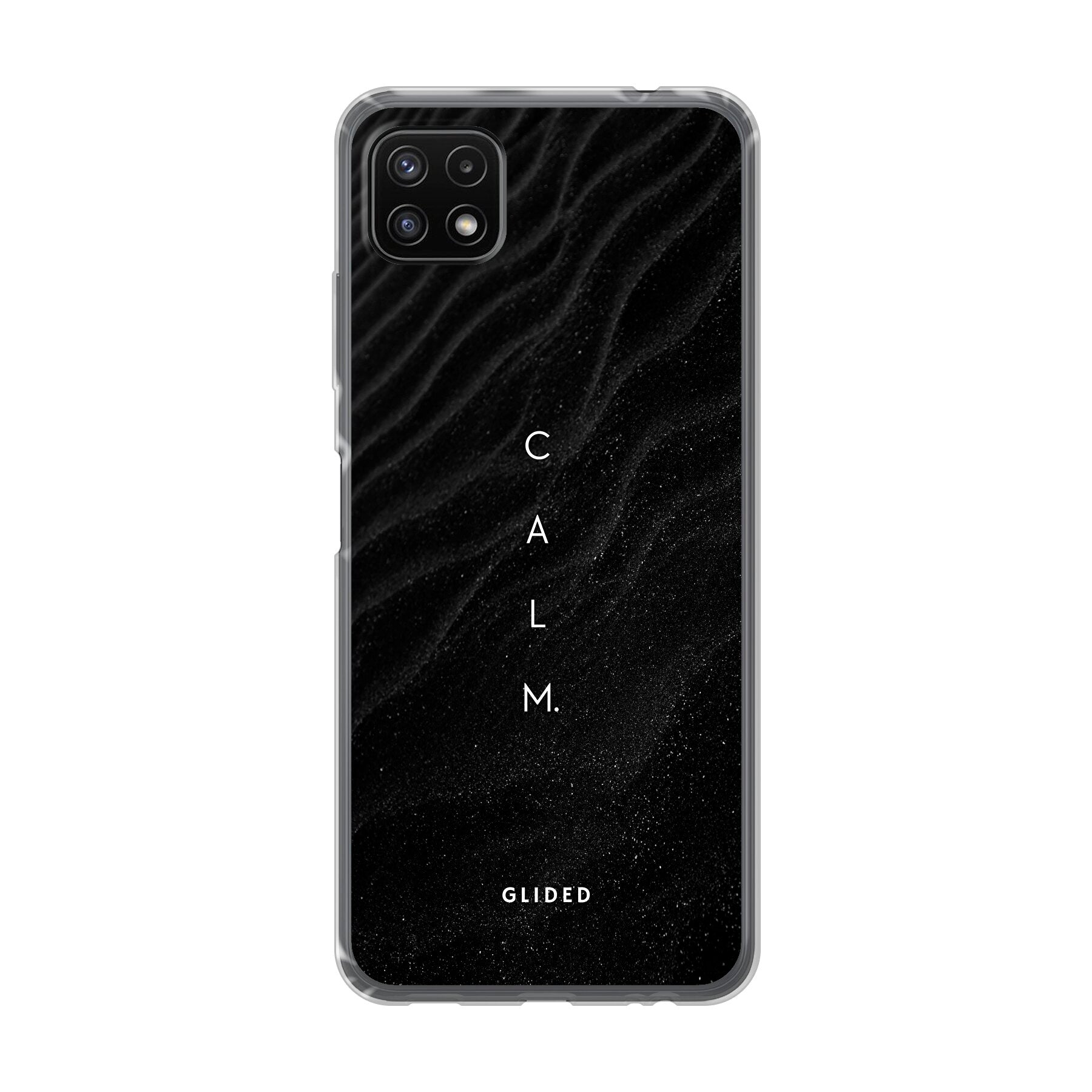 Minimalistische 'Calm' Handyhülle für Samsung Galaxy A22 5G mit ruhigem Schriftzug auf dunklem Hintergrund.