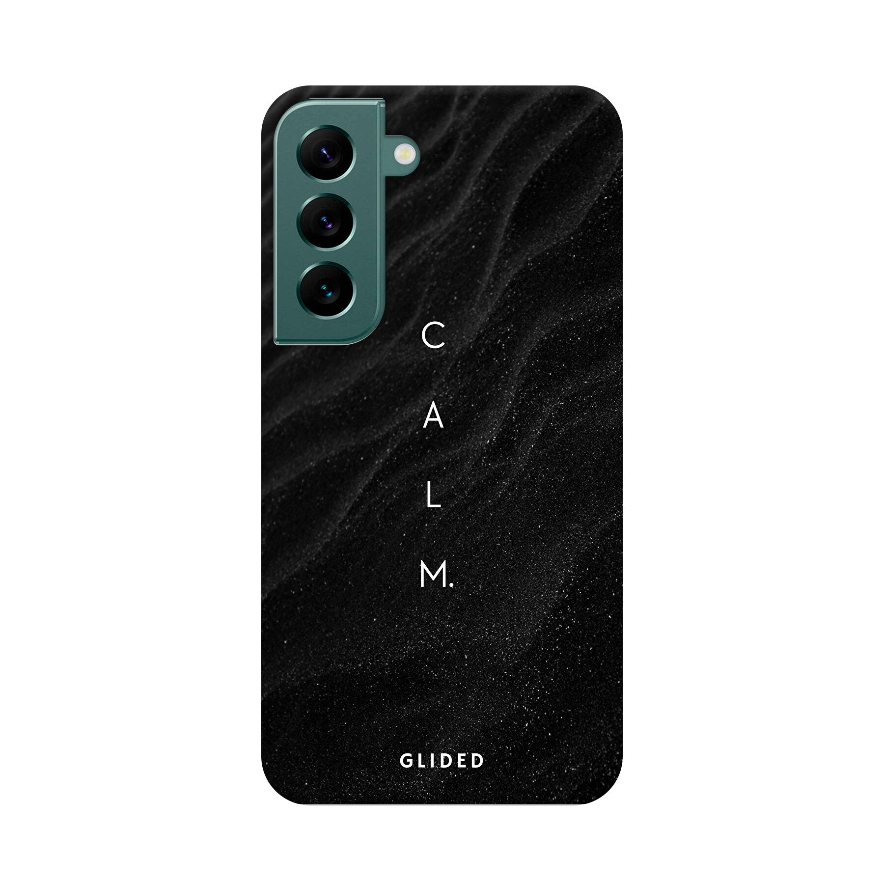 Minimalistische Samsung Galaxy S22 Handyhülle mit dem Schriftzug 'Calm' auf dunklem Hintergrund, ideal für stilvollen Schutz.