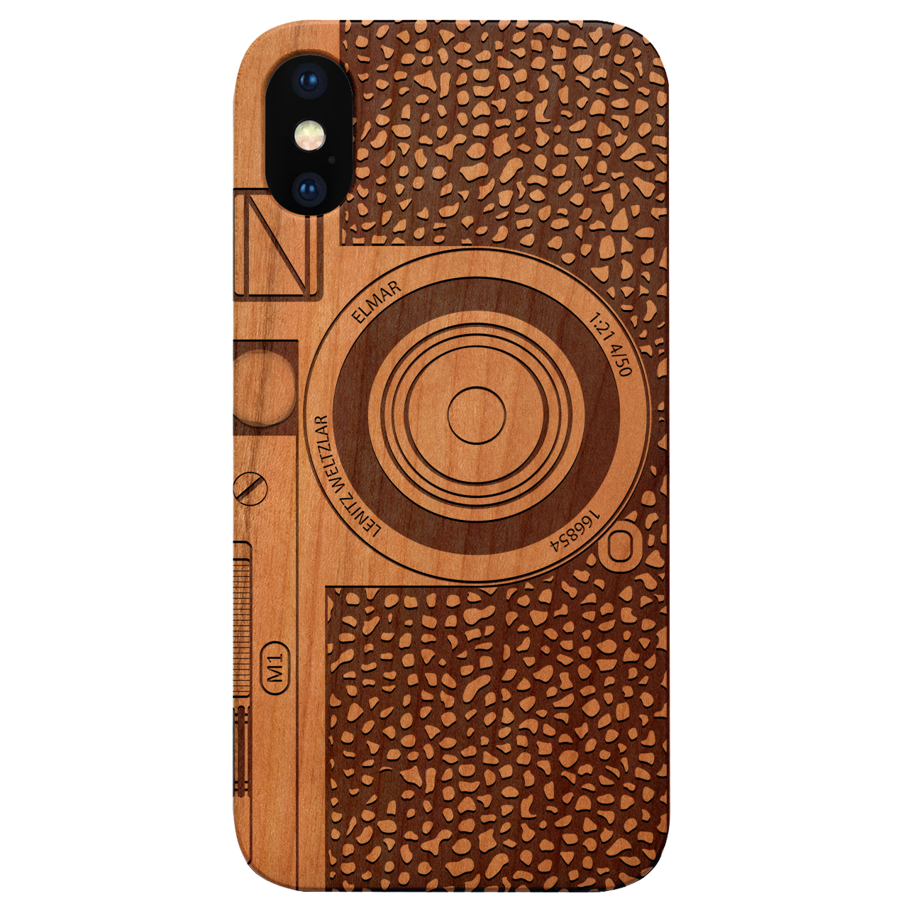 Engraved wooden phone case showcasing unique designs and natural wood finish, suitable for iPhone and Samsung models.