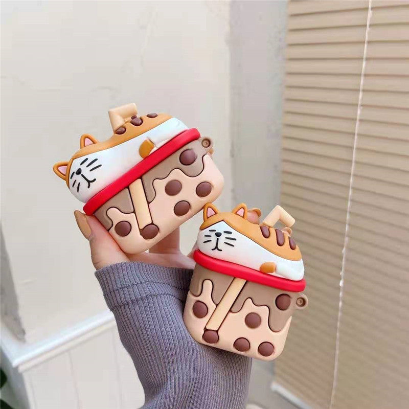 Cartoon Cute Cat Bluetooth Earphone Protective Cover in puppy milk tea color, made of silicone, designed for AirPods 1/2 and Pro 3.