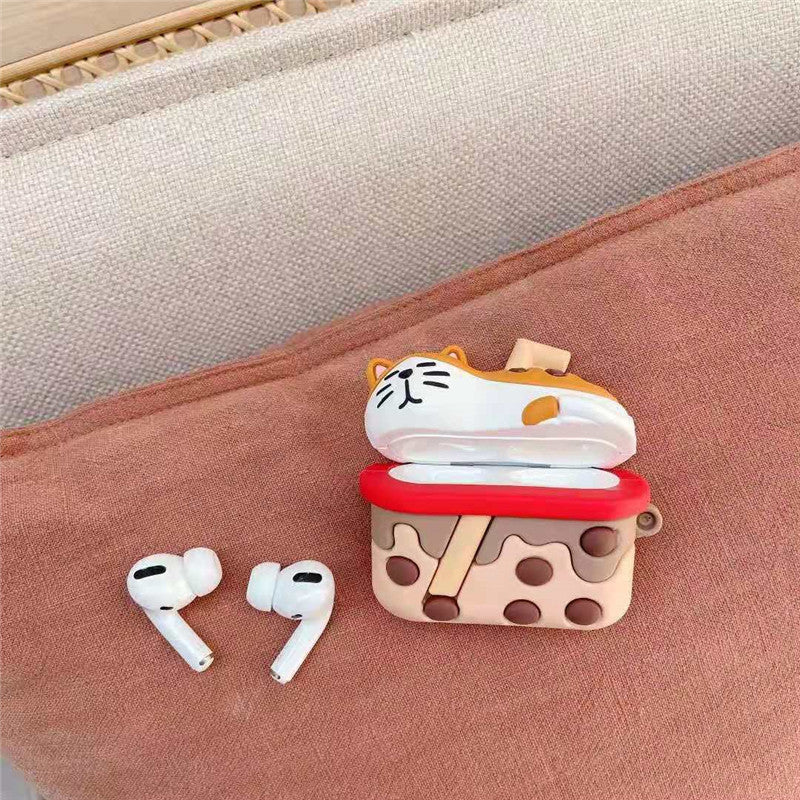 Cartoon Cute Cat Bluetooth Earphone Protective Cover in puppy milk tea color, made of silicone, designed for AirPods 1/2 and Pro 3.