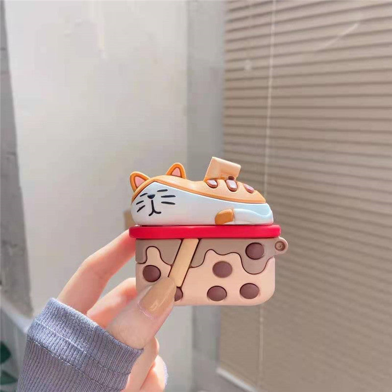 Cartoon Cute Cat Bluetooth Earphone Protective Cover in puppy milk tea color, made of silicone, designed for AirPods 1/2 and Pro 3.